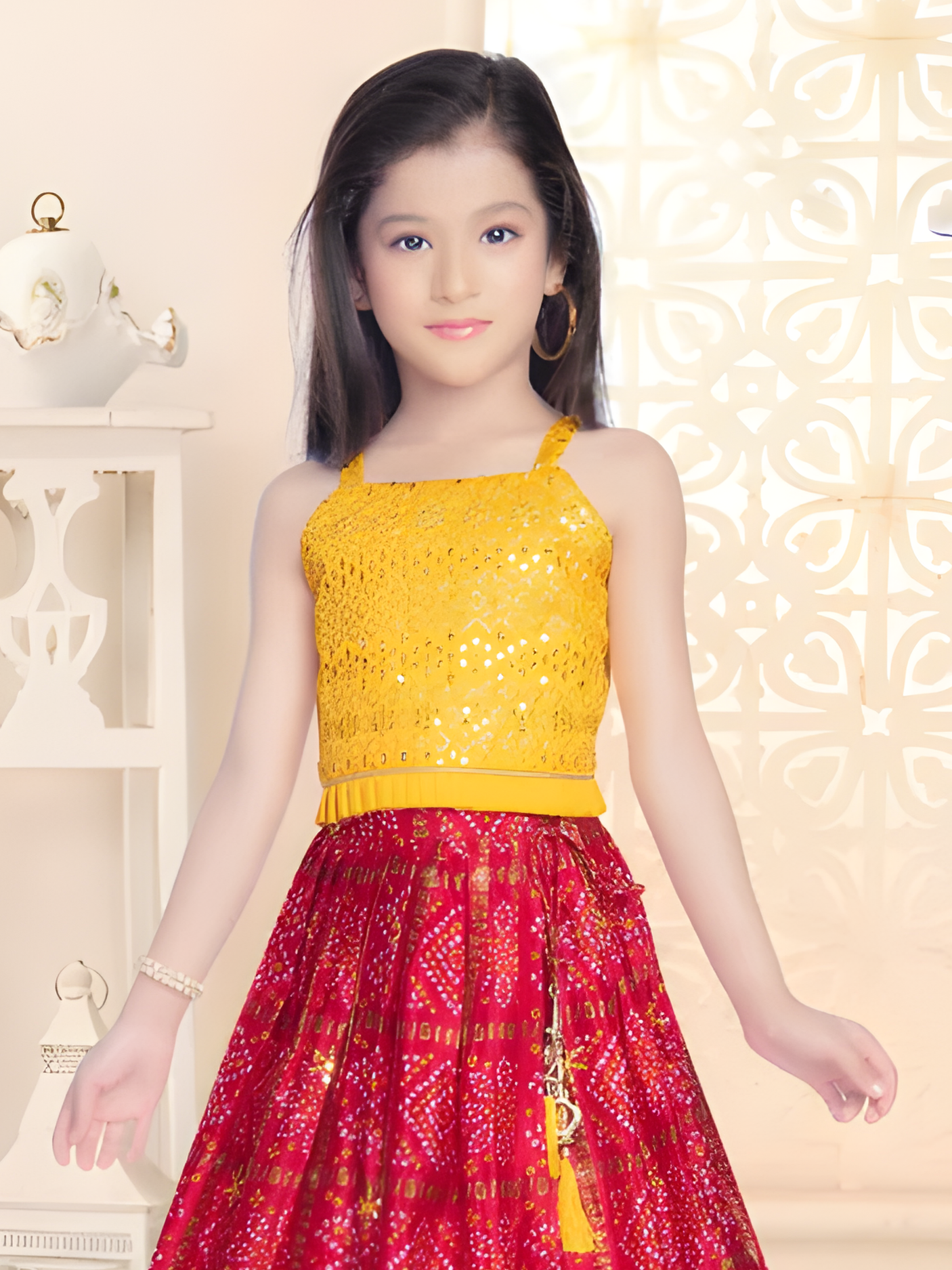 Girls Traditional Sleeves Less Long Choli - Yellow