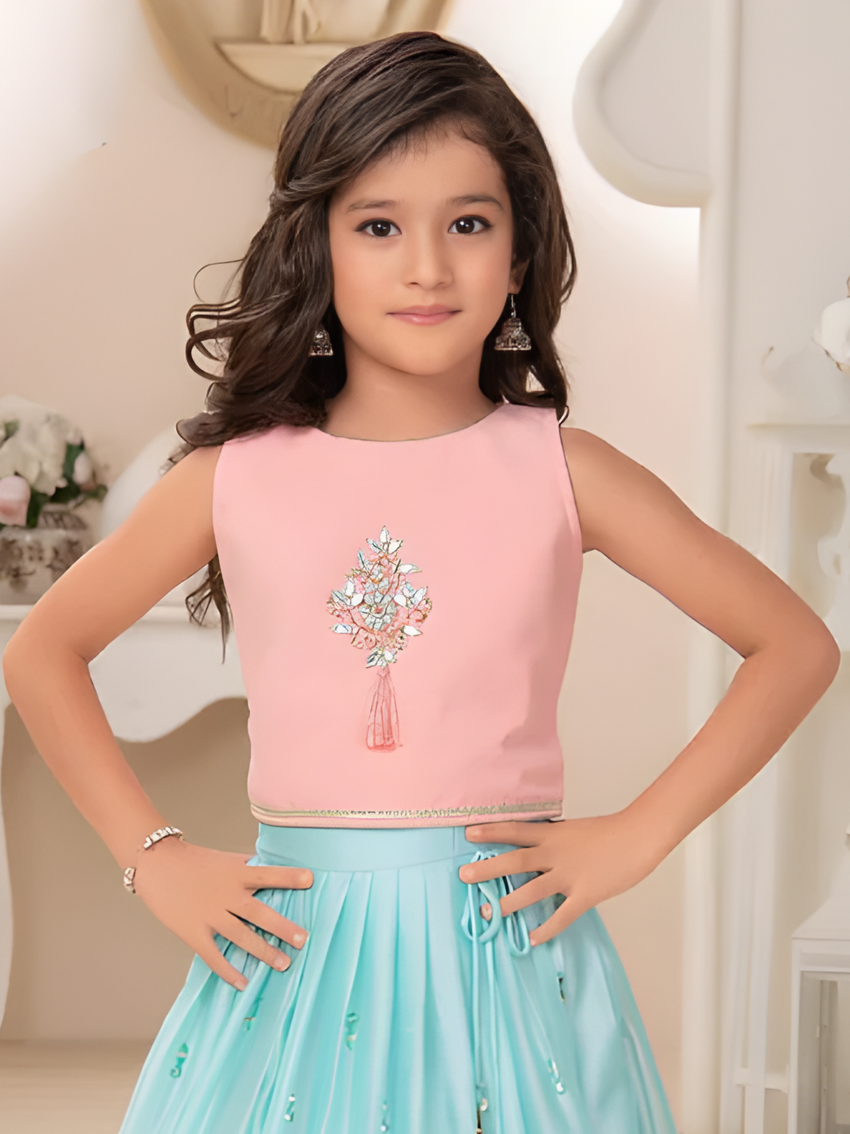 Girls' Mint Green Sequin and Mirror Work Lehenga Choli with Jacket