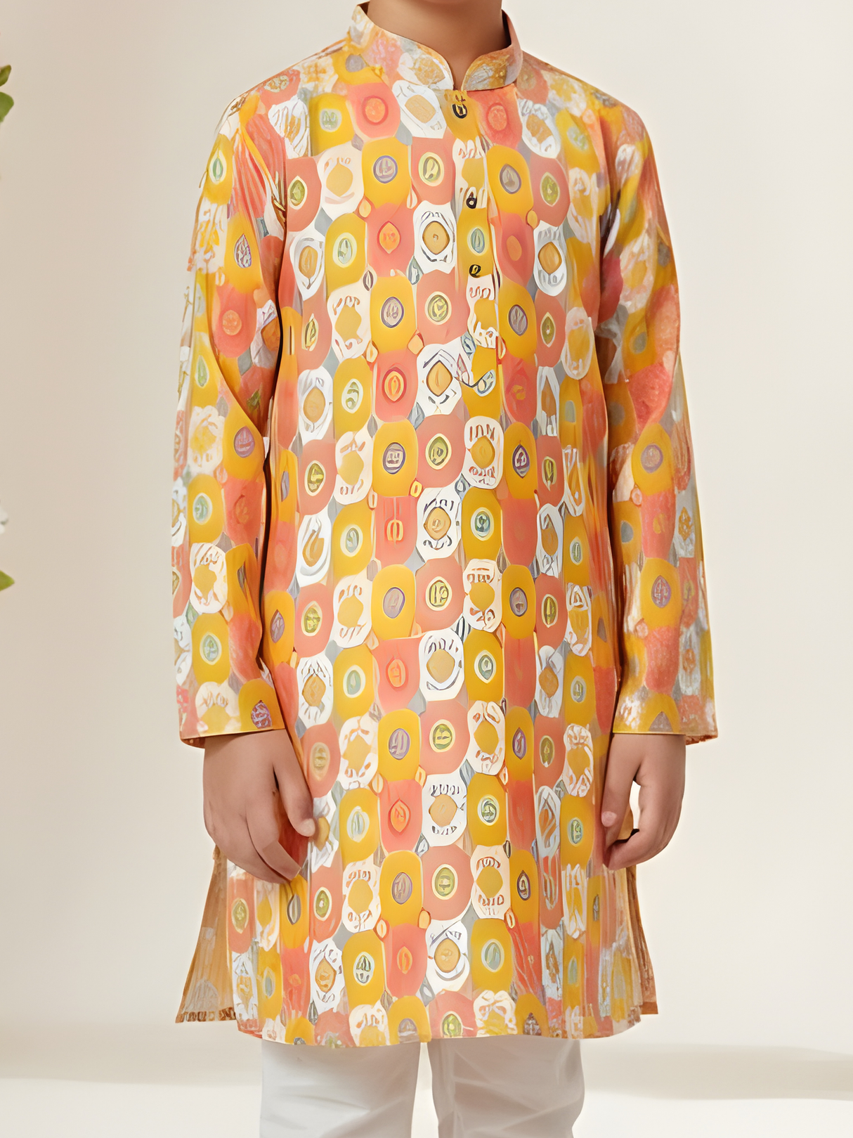 Boys' Yellow & Pink Printed Kurta with Cream Pyjama Set.