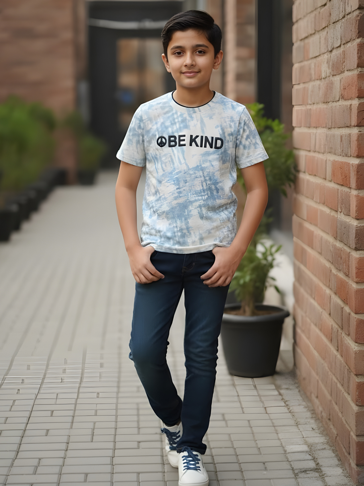 Kids' 'Be Kind' Peace Graphic T-Shirt - Blue Abstract Wash.