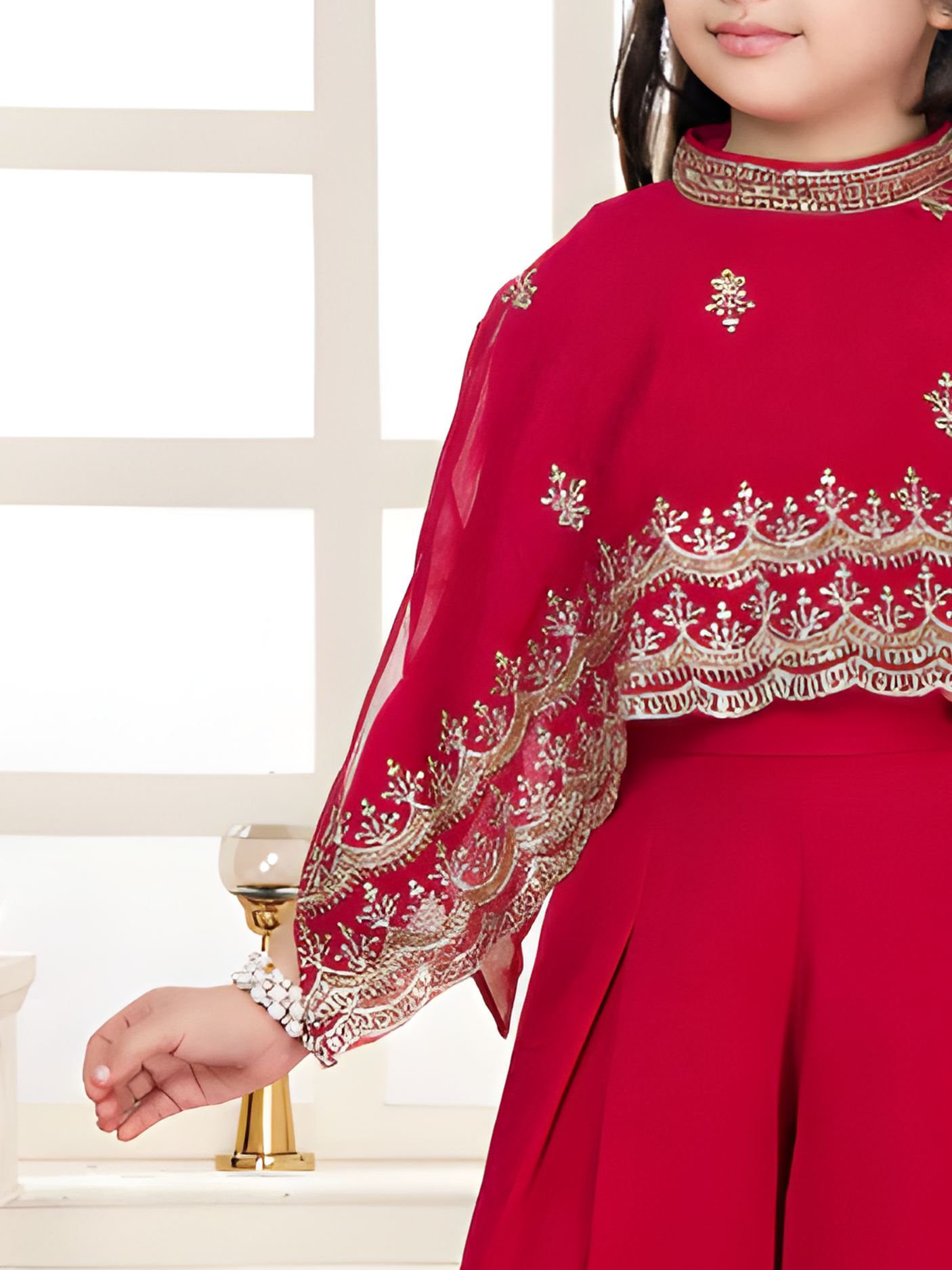 Girls' Festive Red Plazo Set with High-Neck Gold Embroidered Cape Top
