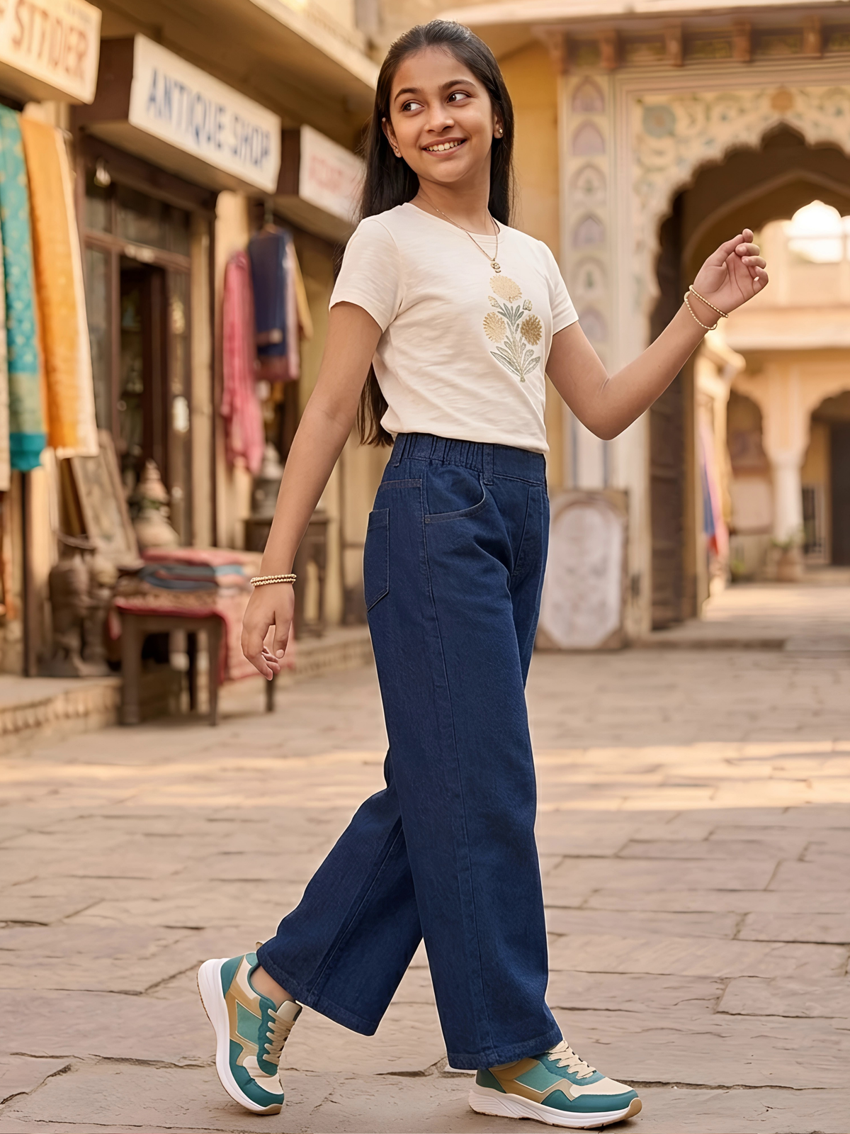 Girls Navy Blue Wide-Leg Comfort Jeans