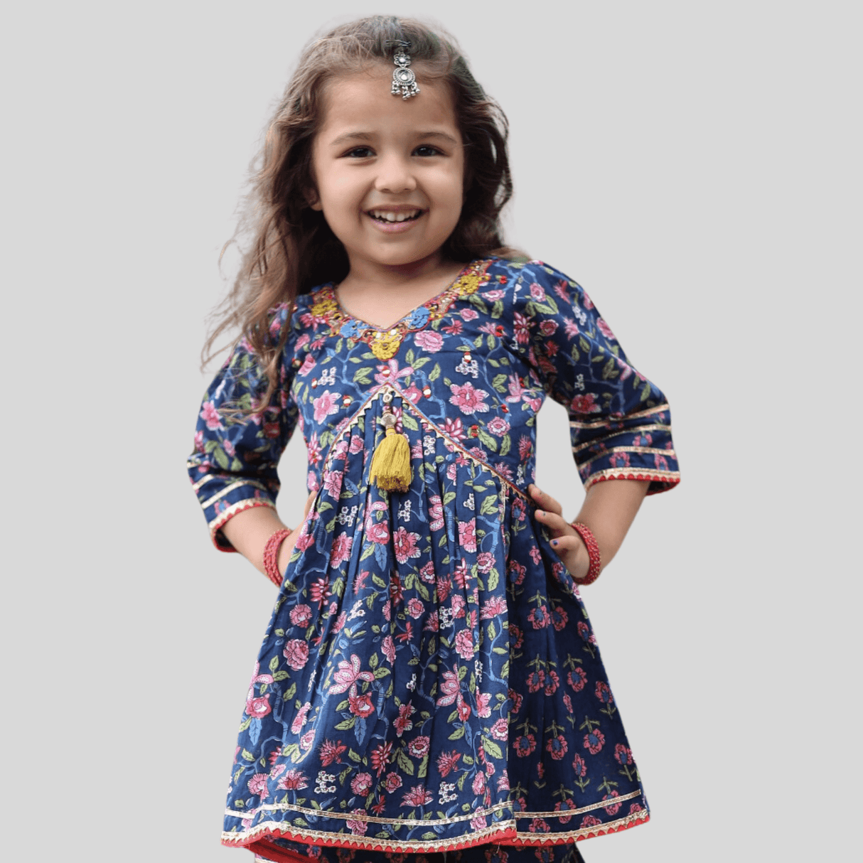 Girls Traditional 3/4th Sleeves Sharara Set - Navy Blue