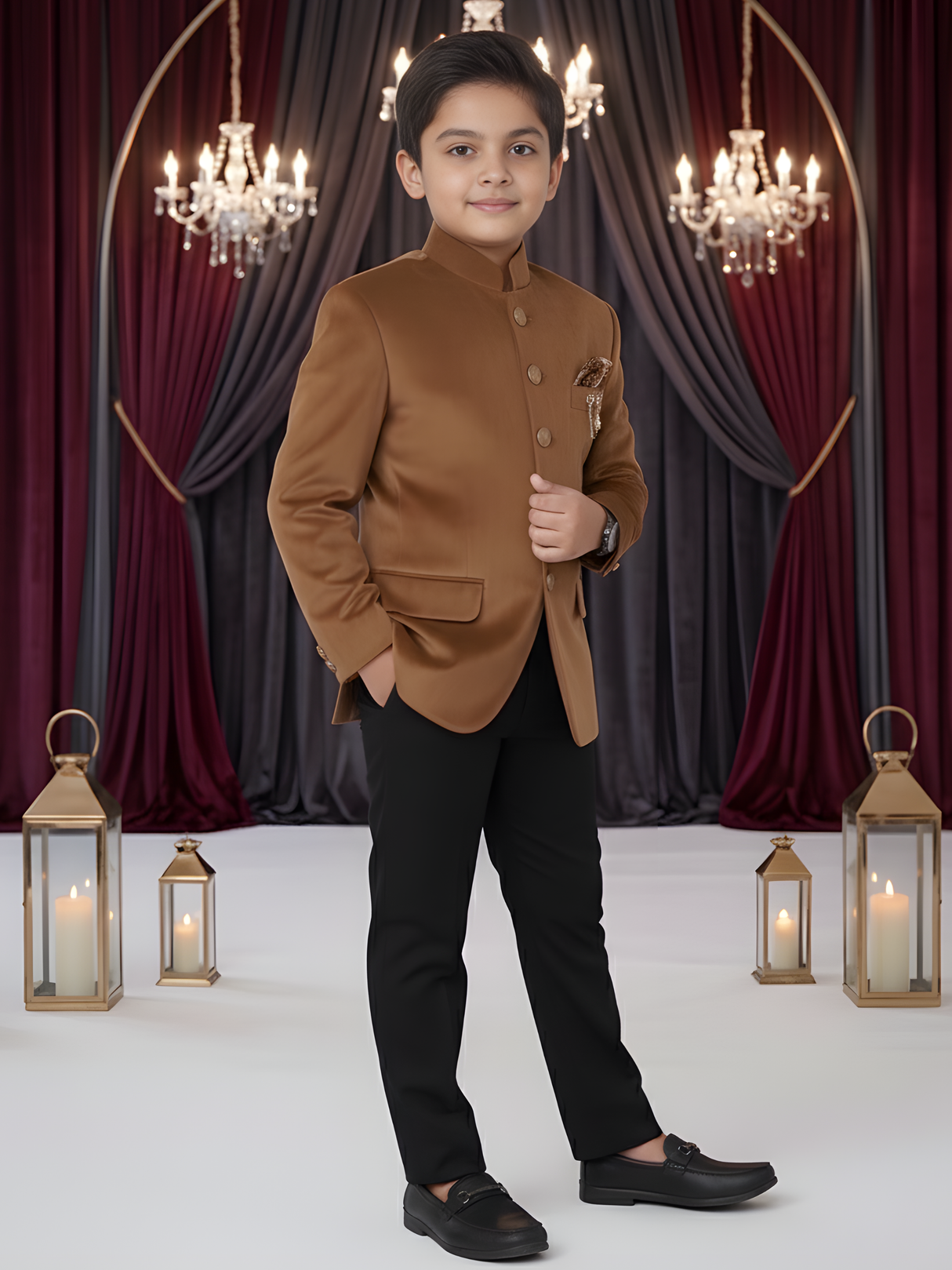 Boys' Camel Brown Velvet Jodhpuri Suit with Black Trousers