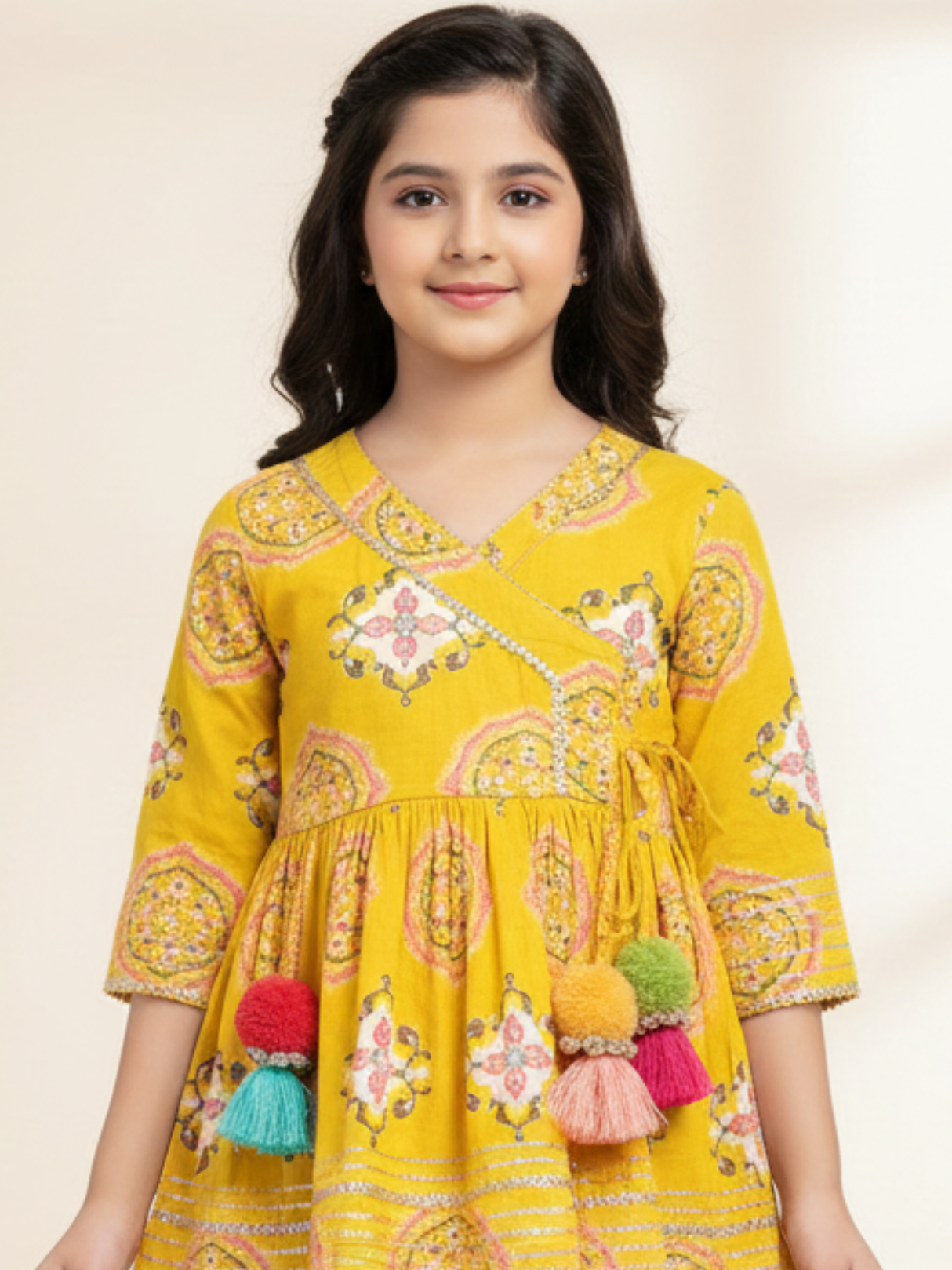 Girls' Yellow Geometric Print Angrakha Kurta & Sharara Set with Pompoms