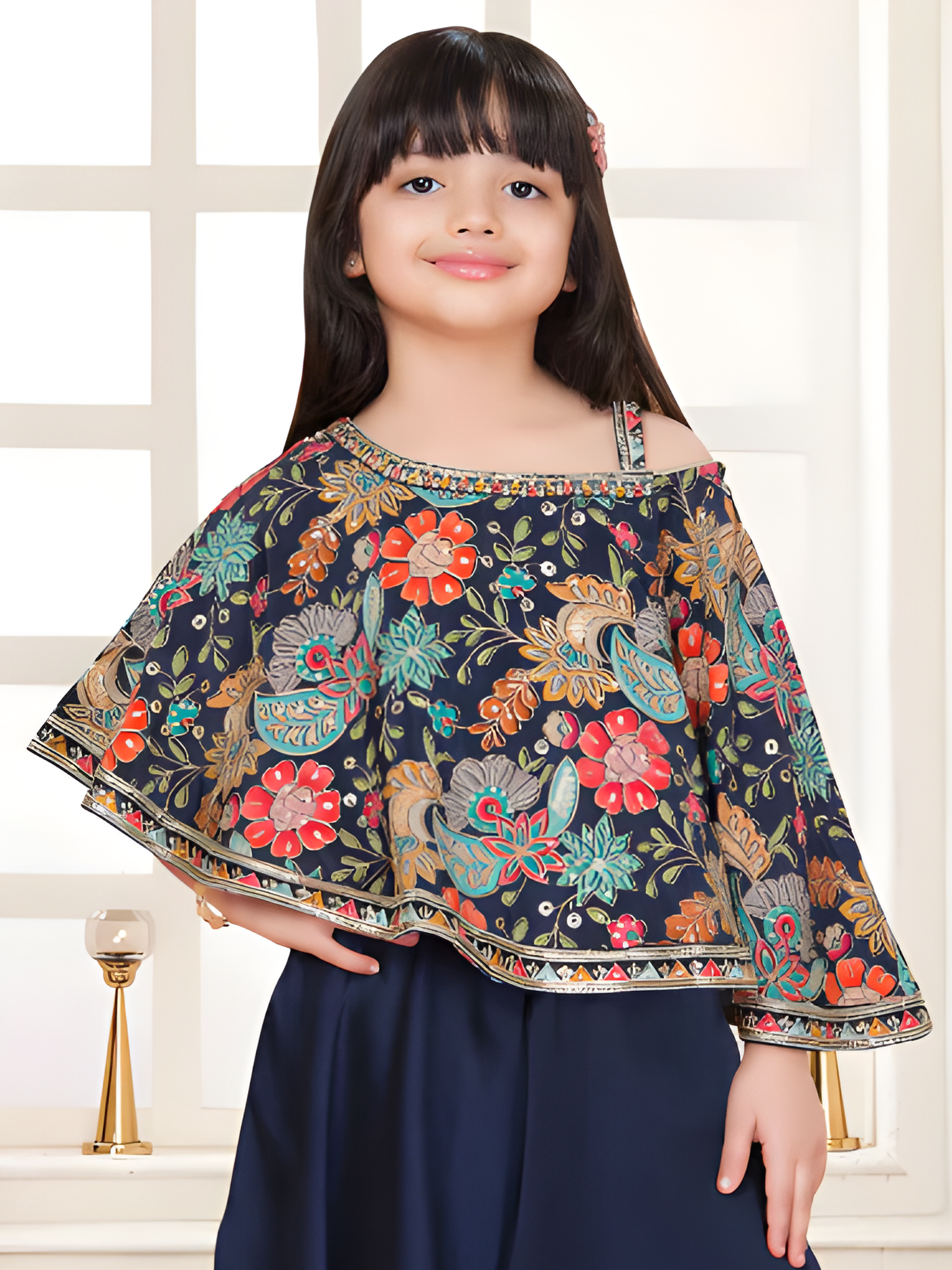 Girls' Embroidered Floral Cape Top and Palazzo Set (Navy Blue)