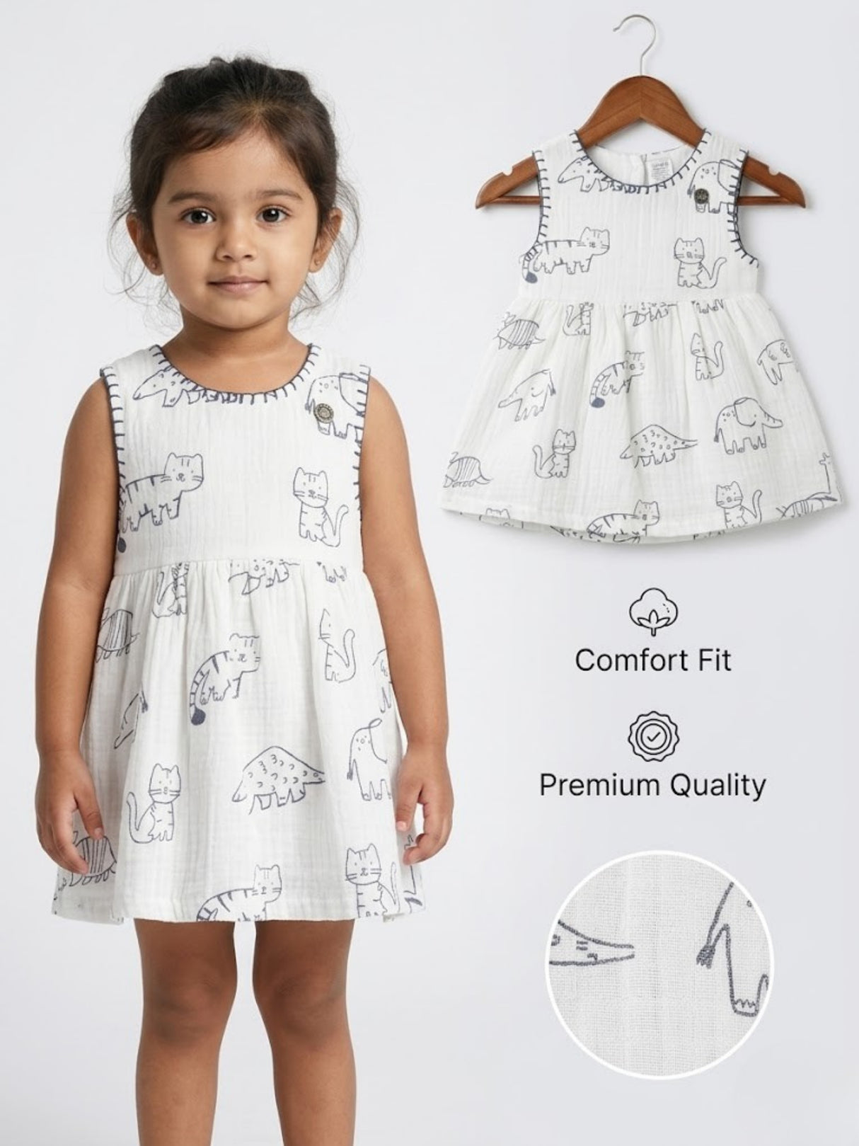 White Meow Cat Print Cotton Frock for Girls