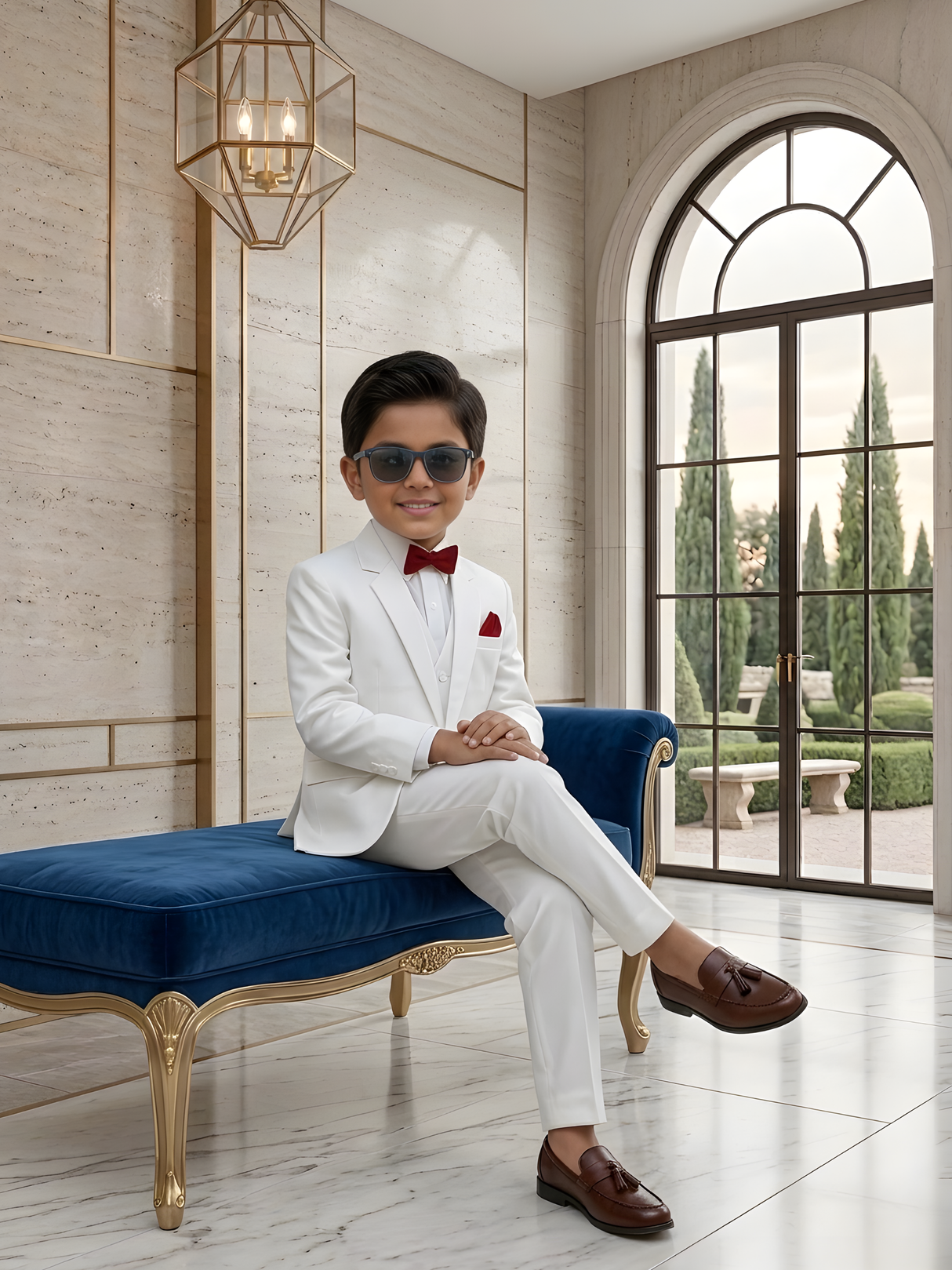 Boys' Classic White/Cream 3-Piece Suit with Maroon Accents.