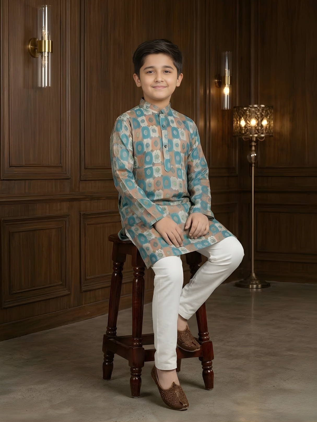 Boys' Teal & Orange Printed Kurta with Cream Pyjama Set.