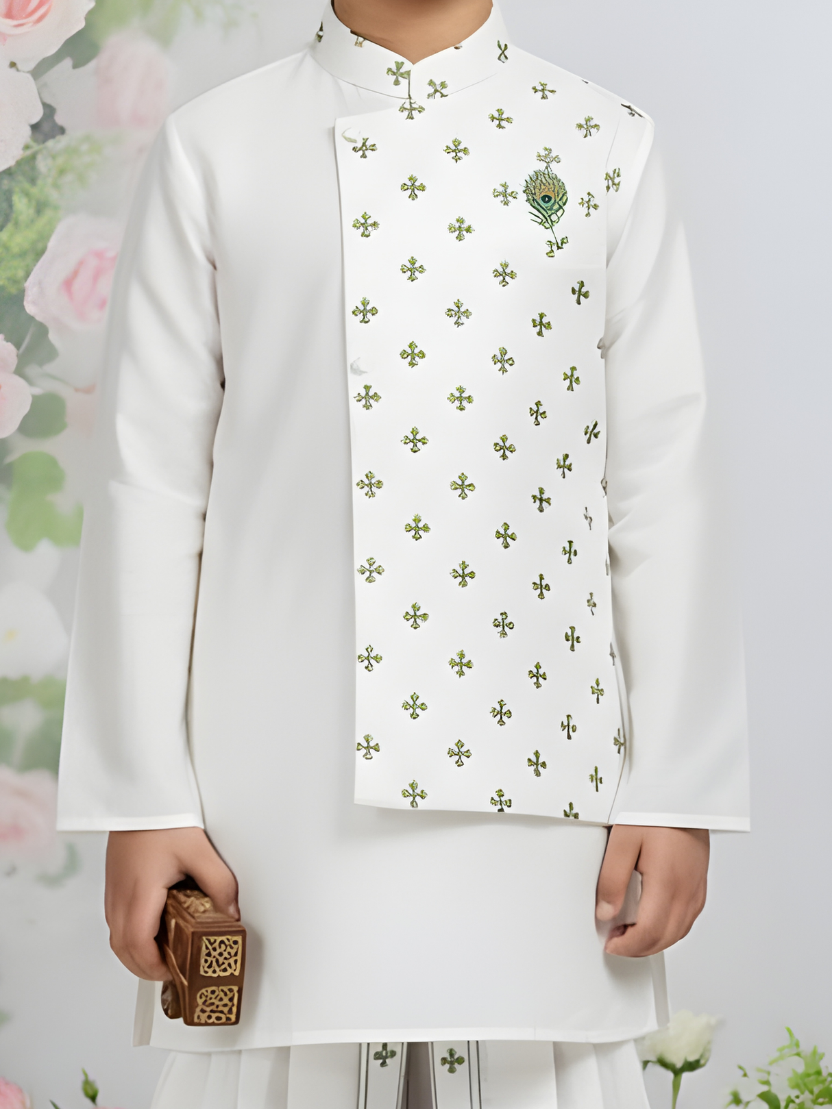 Boys' Crisp White Angrakha Kurta and Dhoti Set with Green Print