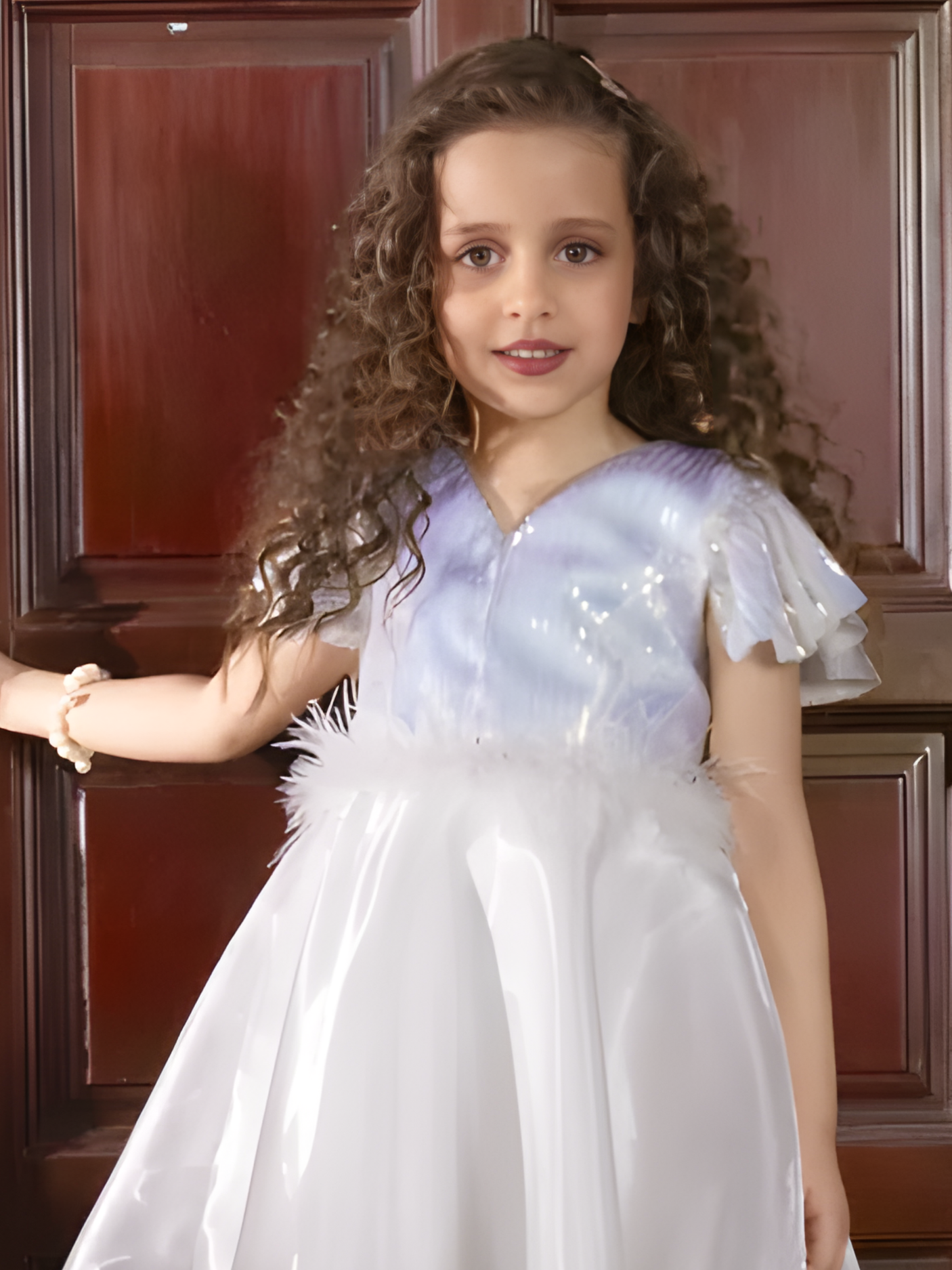 Girls Party Satin Party Frock With Work - White