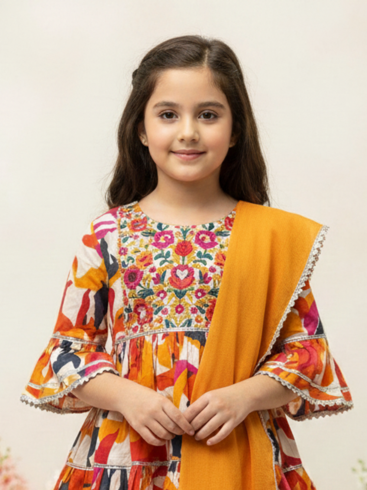 Girls Yellow Ethnic Printed Sharara Suit with Embroidered Kurti & Dupatta