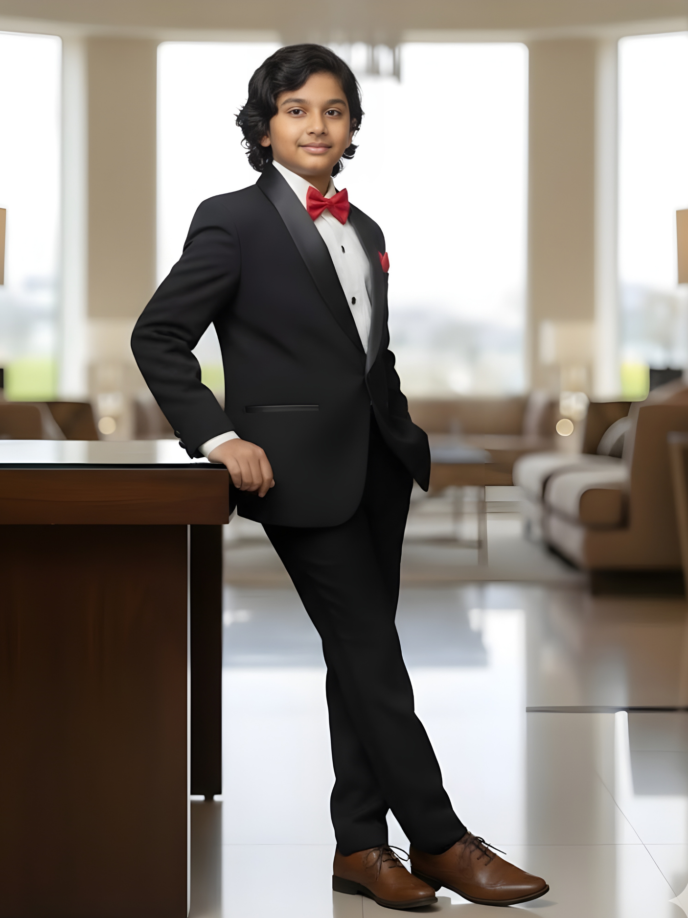 Boys' Formal Black Tuxedo Suit Set with Red Bowtie