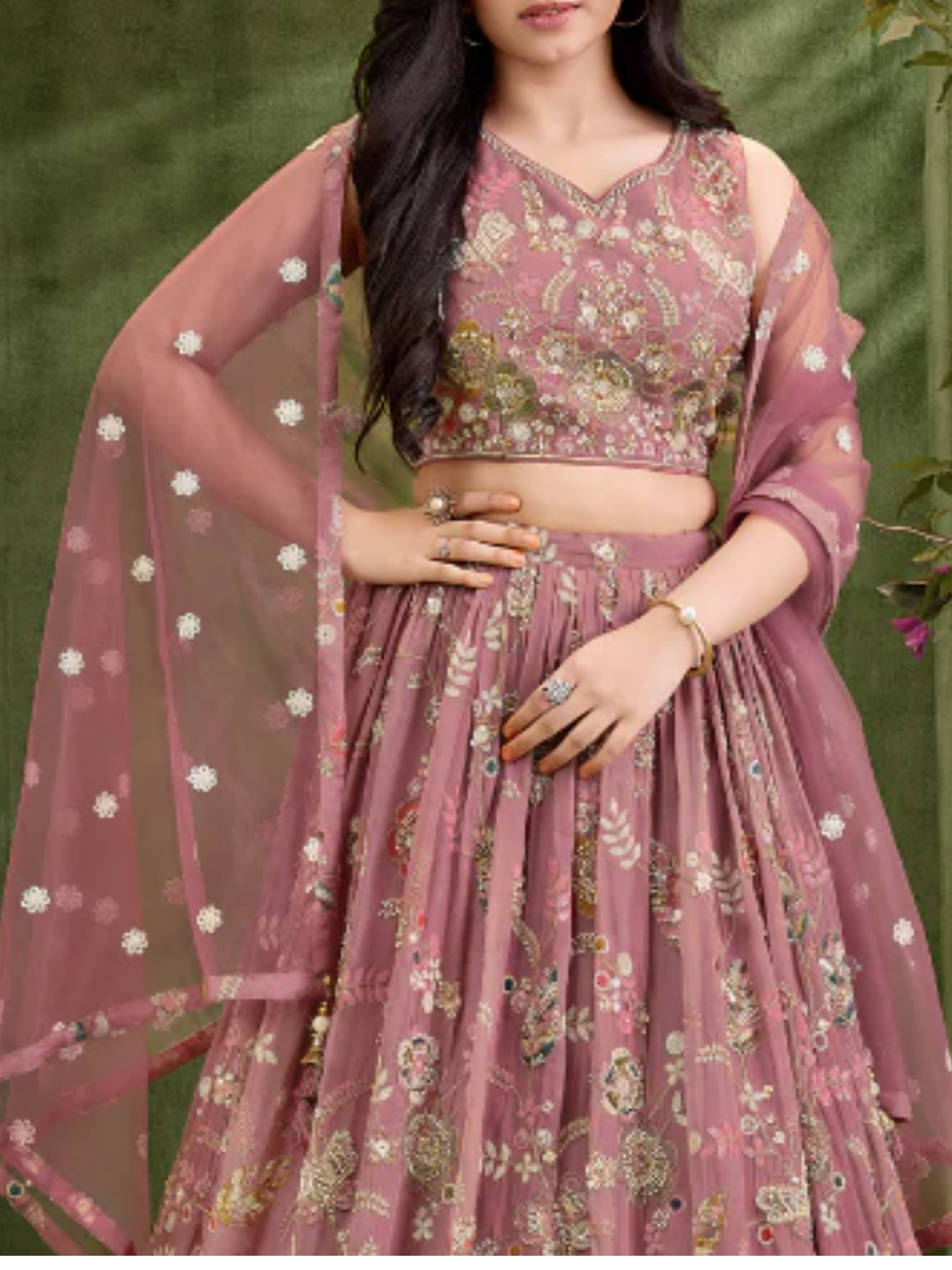 Girls' Dusty Rose / Mauve Heavily Embroidered Net Lehenga Choli Set