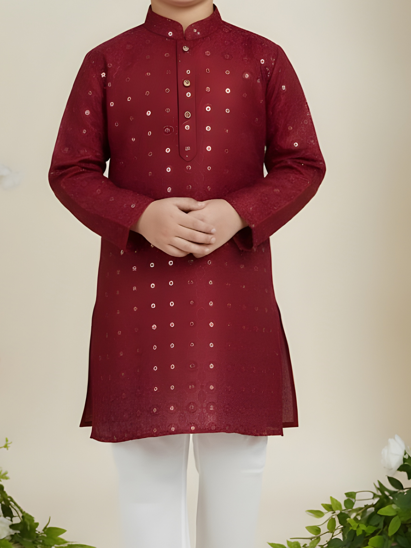 Boys' Maroon Sequin Embroidered Kurta with White Pyjama Set.