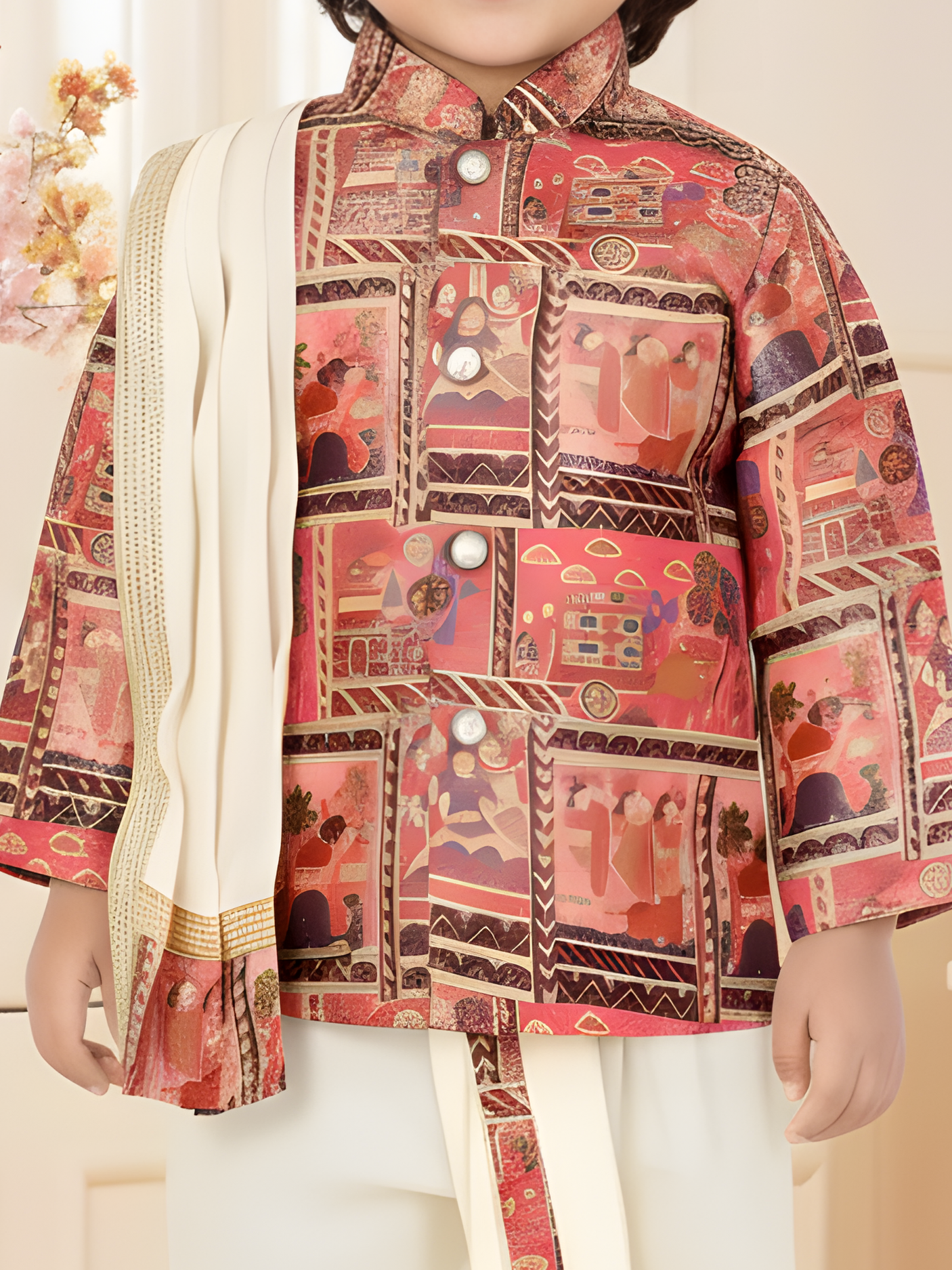 Boys' Multi-Color Folk Print Kurta with Cream Dhoti and Stole Set