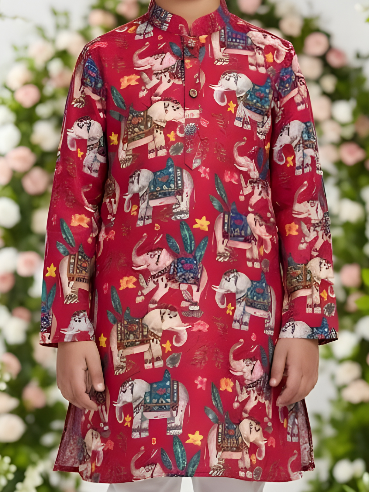The Festive Parade Elephant Printed Kurta (Rani Pink/Red).