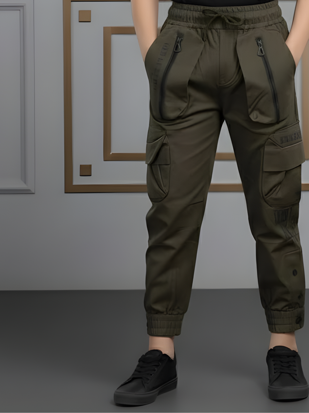 Boys' Olive Green Multi-Pocket Tactical Track Pants