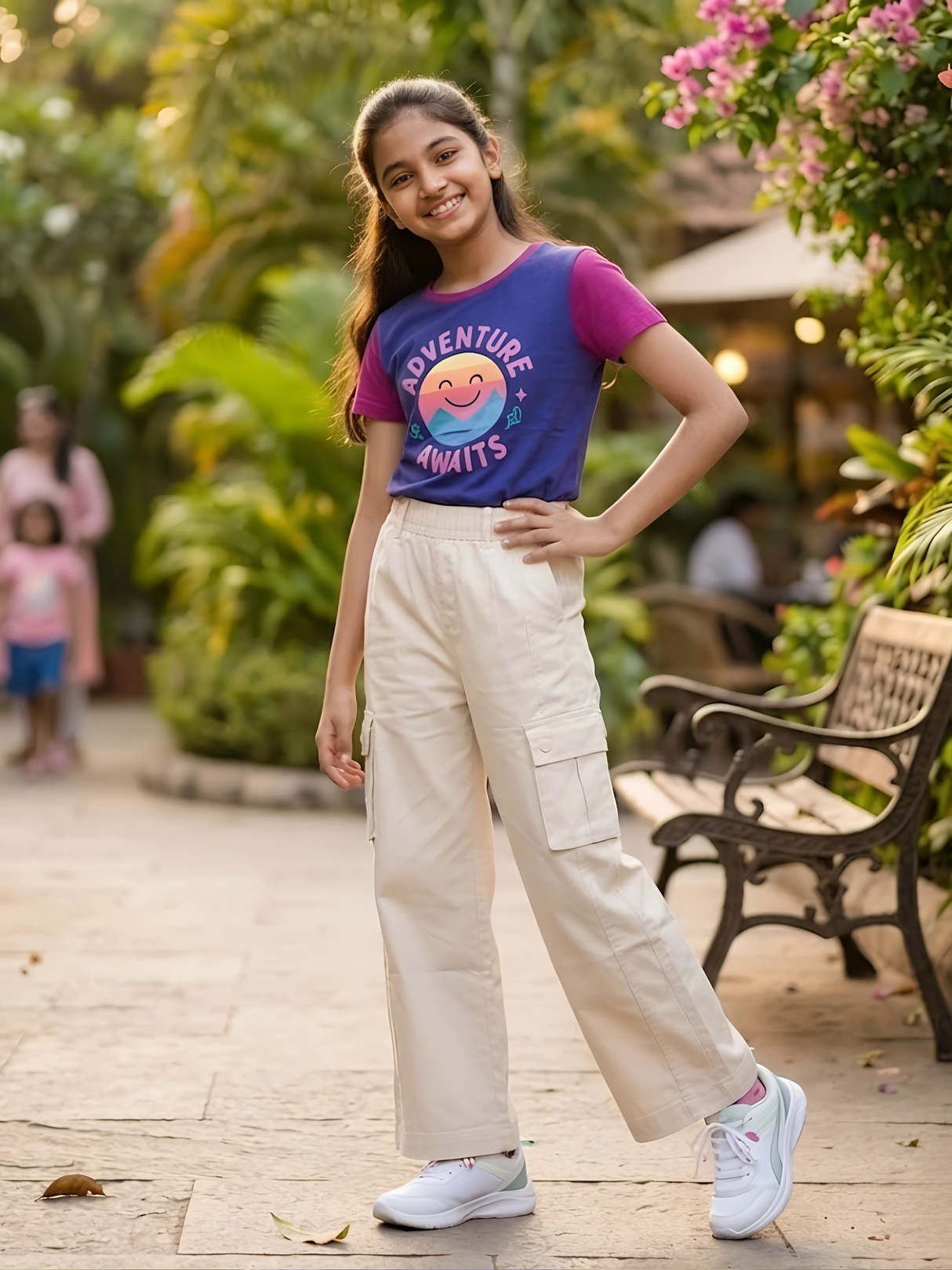 Girls Stylish Cream Wide-Leg Cargo Pants