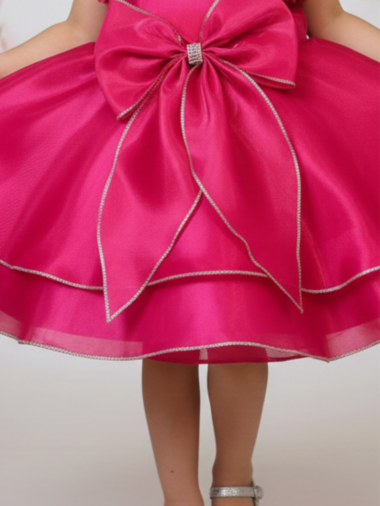 Girls' Hot Rani Pink Tiered Party Frock with Crystal Straps and Oversized Bow.