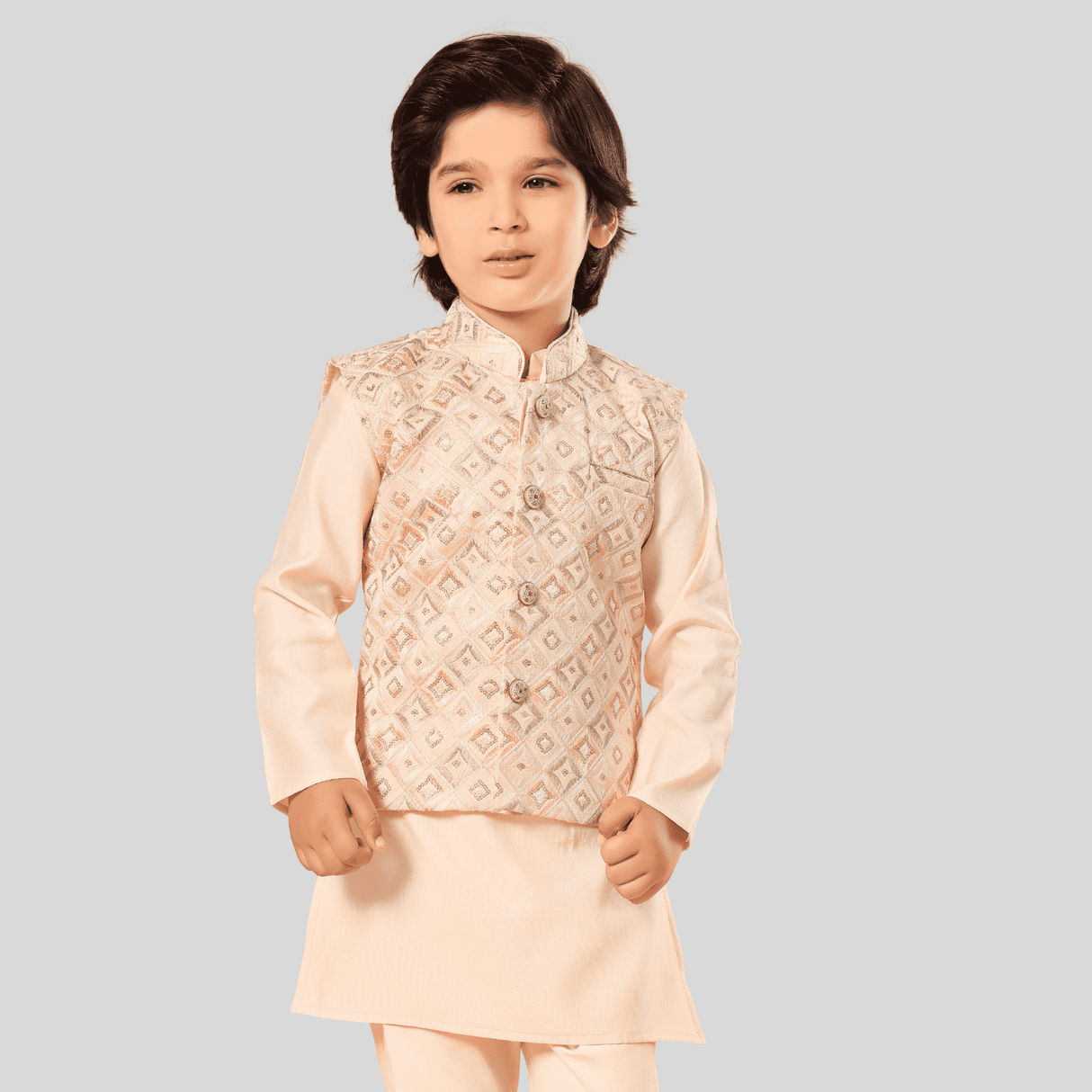 Boys Traditional Self Design Chudidar Kurta with Koti - Cream
