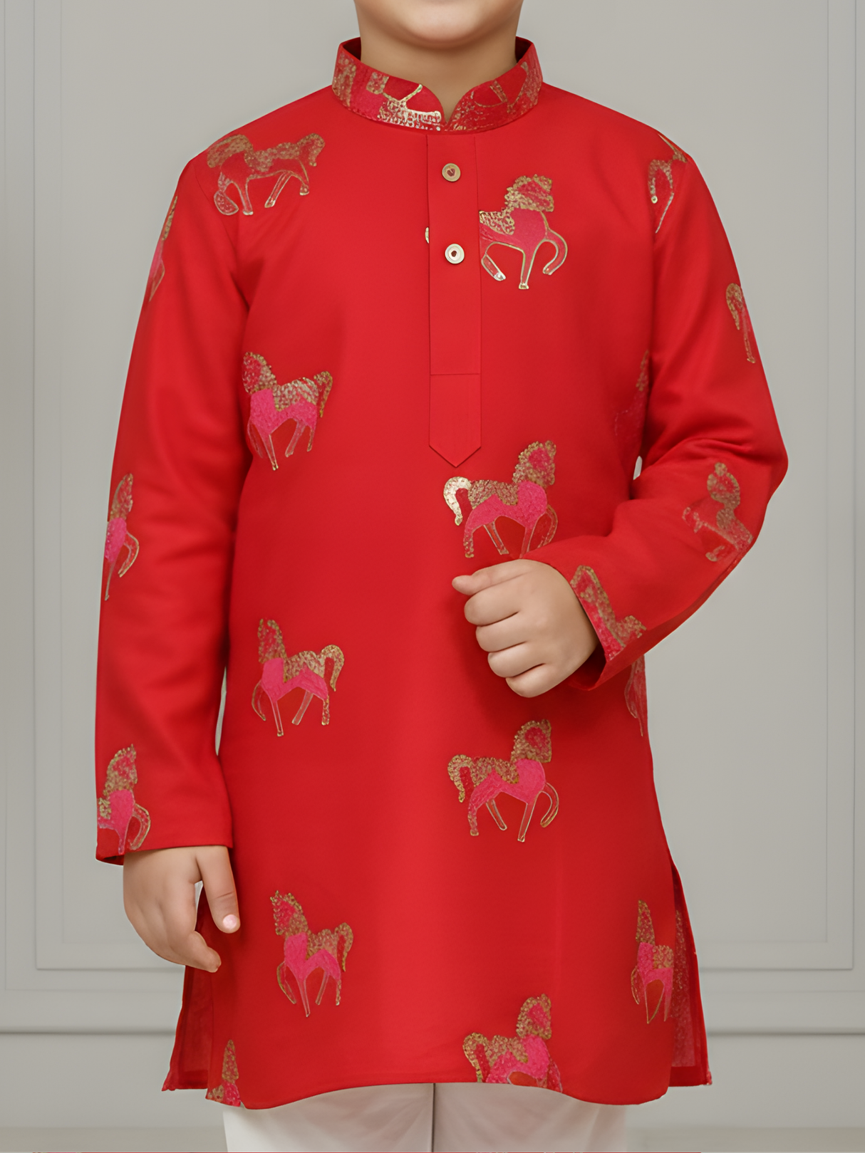 Boys' Red Kurta Set with Pink Horse Print & White Pajamas