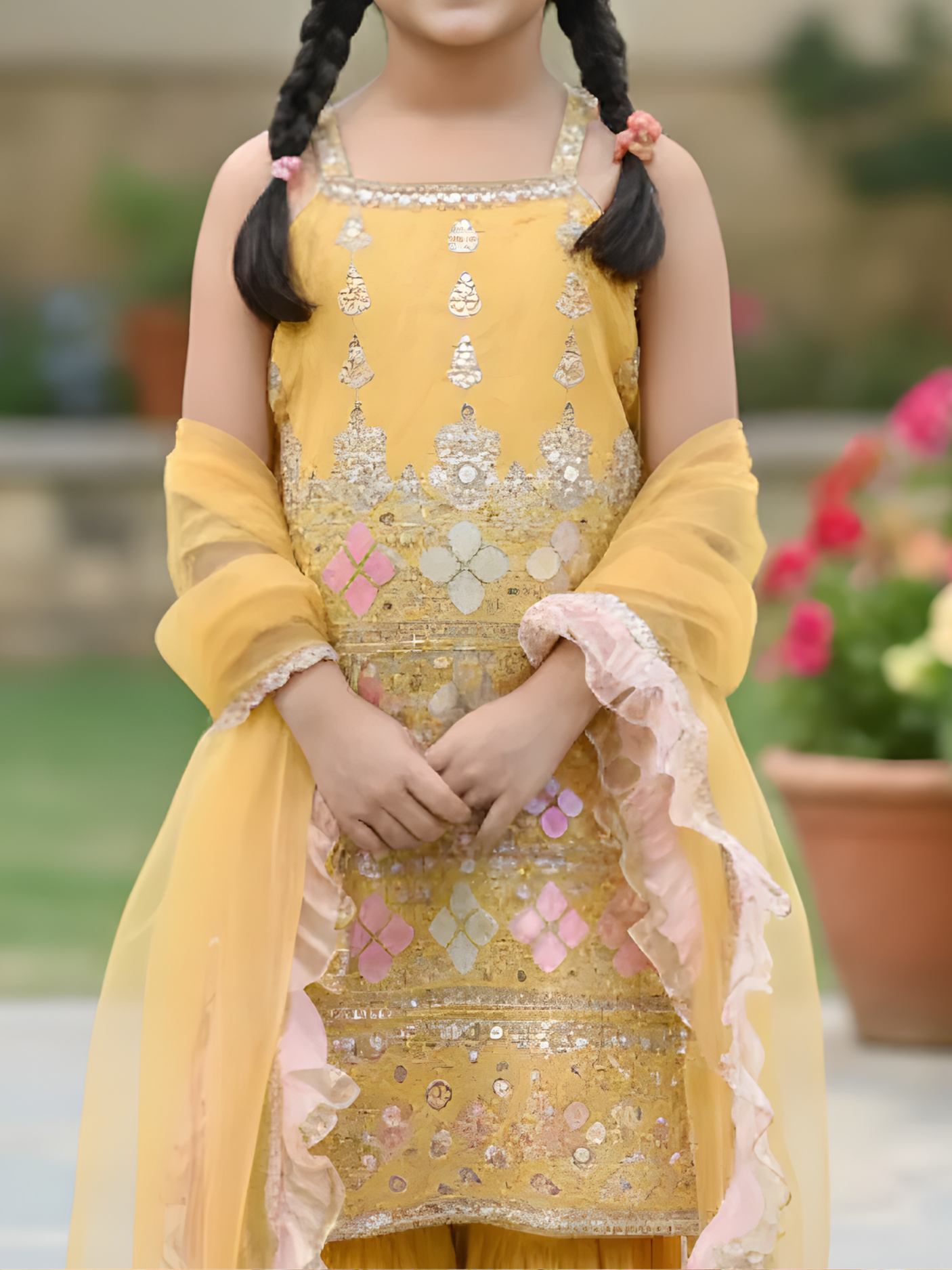 Girls Mustard Yellow Embroidered Sharara Set with Ruffled Dupatta