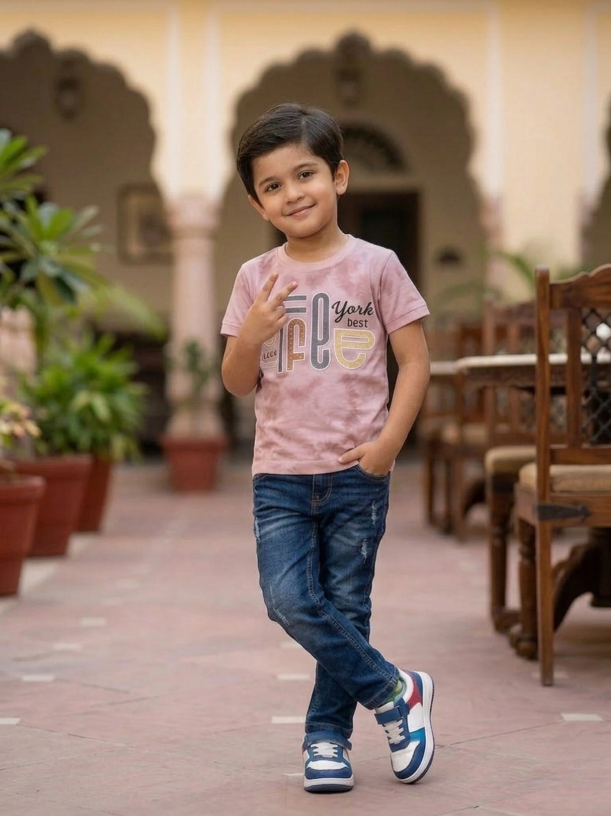Boys Peach Tie-Dye Graphic Print T-Shirt