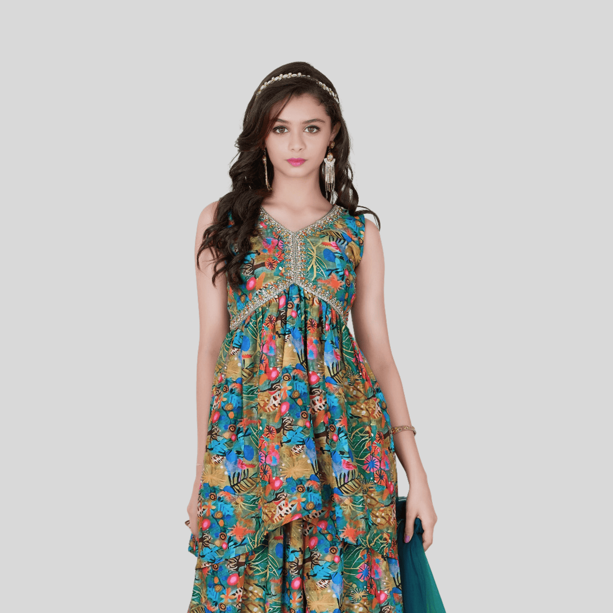 Girls Traditional Sleeves Less Plazo Set - Green