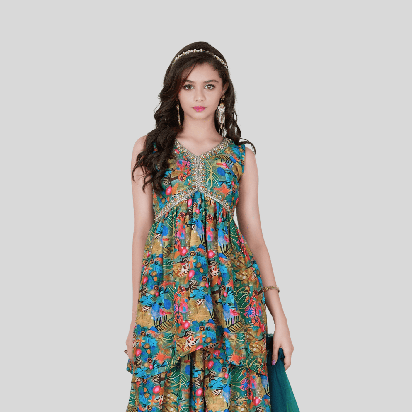 Girls Traditional Sleeves Less Plazo Set - Green