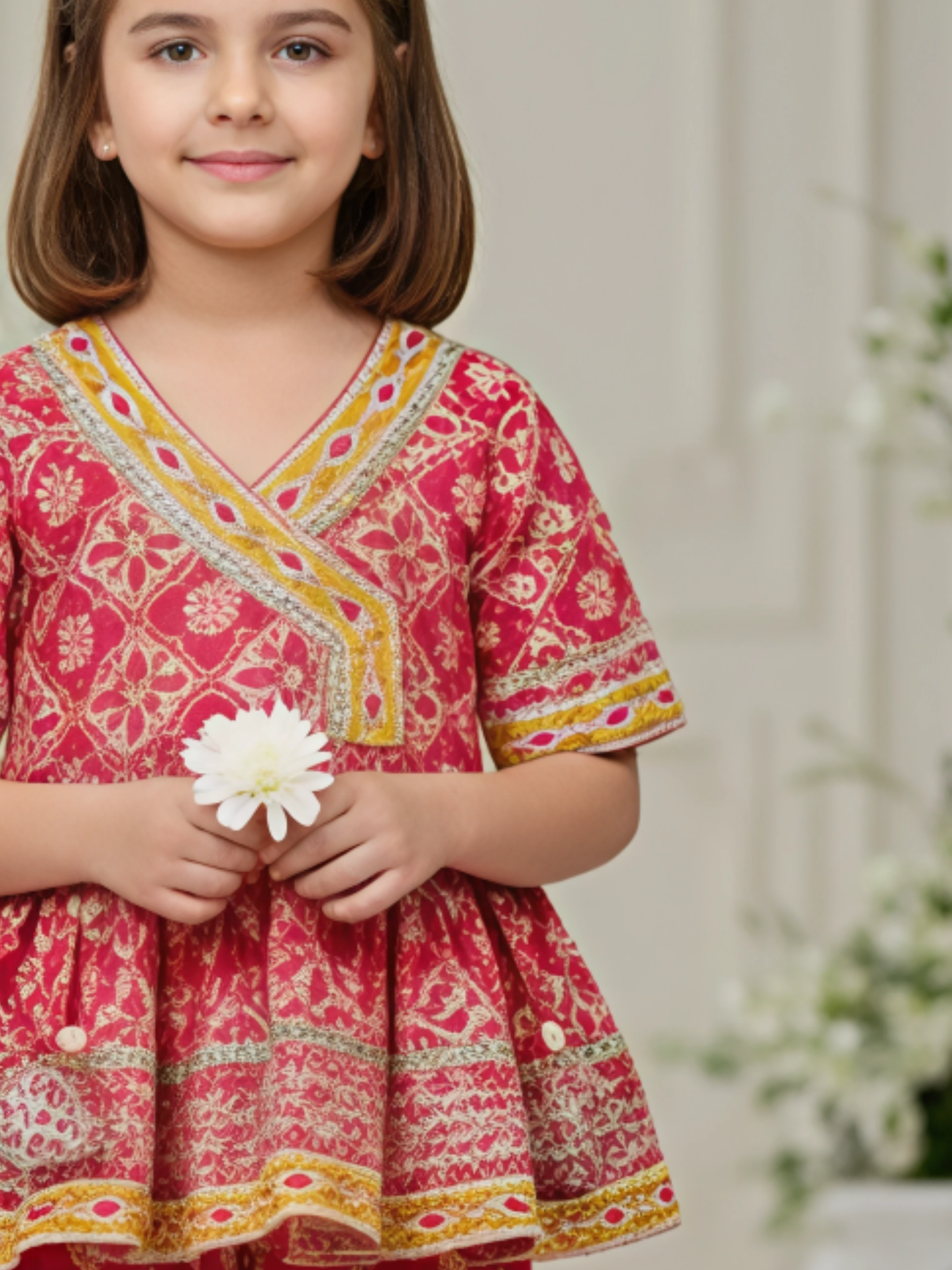 Girls' Festive Fuchsia Pink Print Angrakha Kurti and Tiered Sharara Set