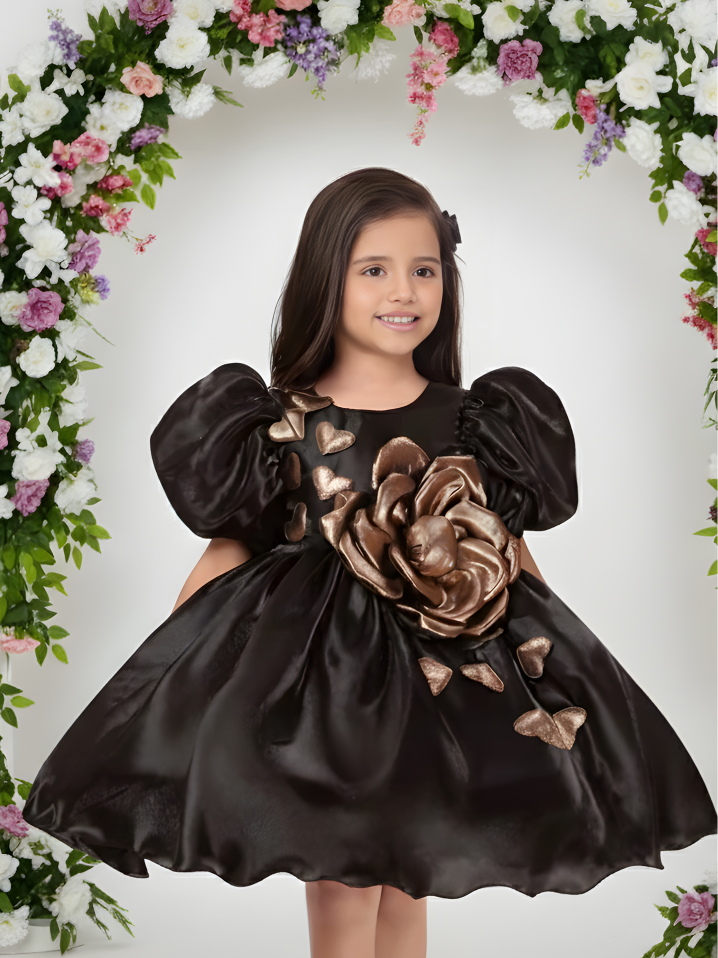 Girls' Black Satin Party Frock with Metallic Gold 3D Rose and Puffy Sleeves