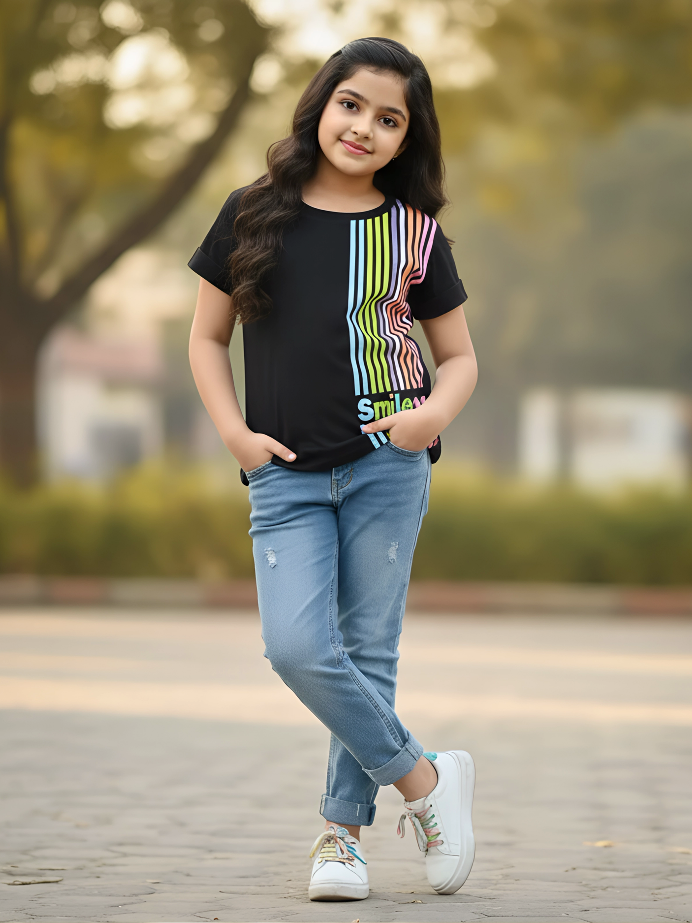 Girls' Vibrant Rainbow Stripe Graphic Top