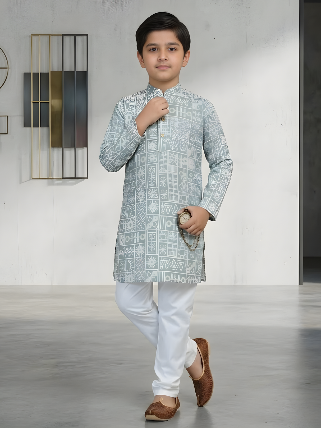 The Modern Mosaic Printed Kurta & Pajama Set (Aqua & White).