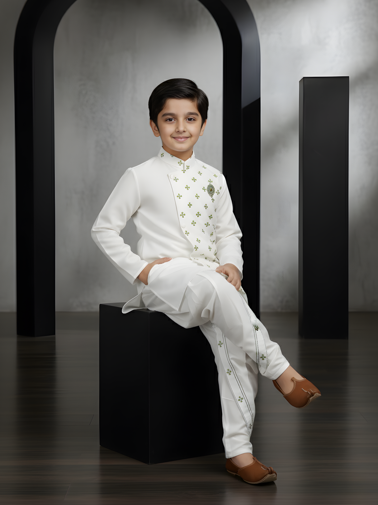 Boys' Crisp White Angrakha Kurta and Dhoti Set with Green Print