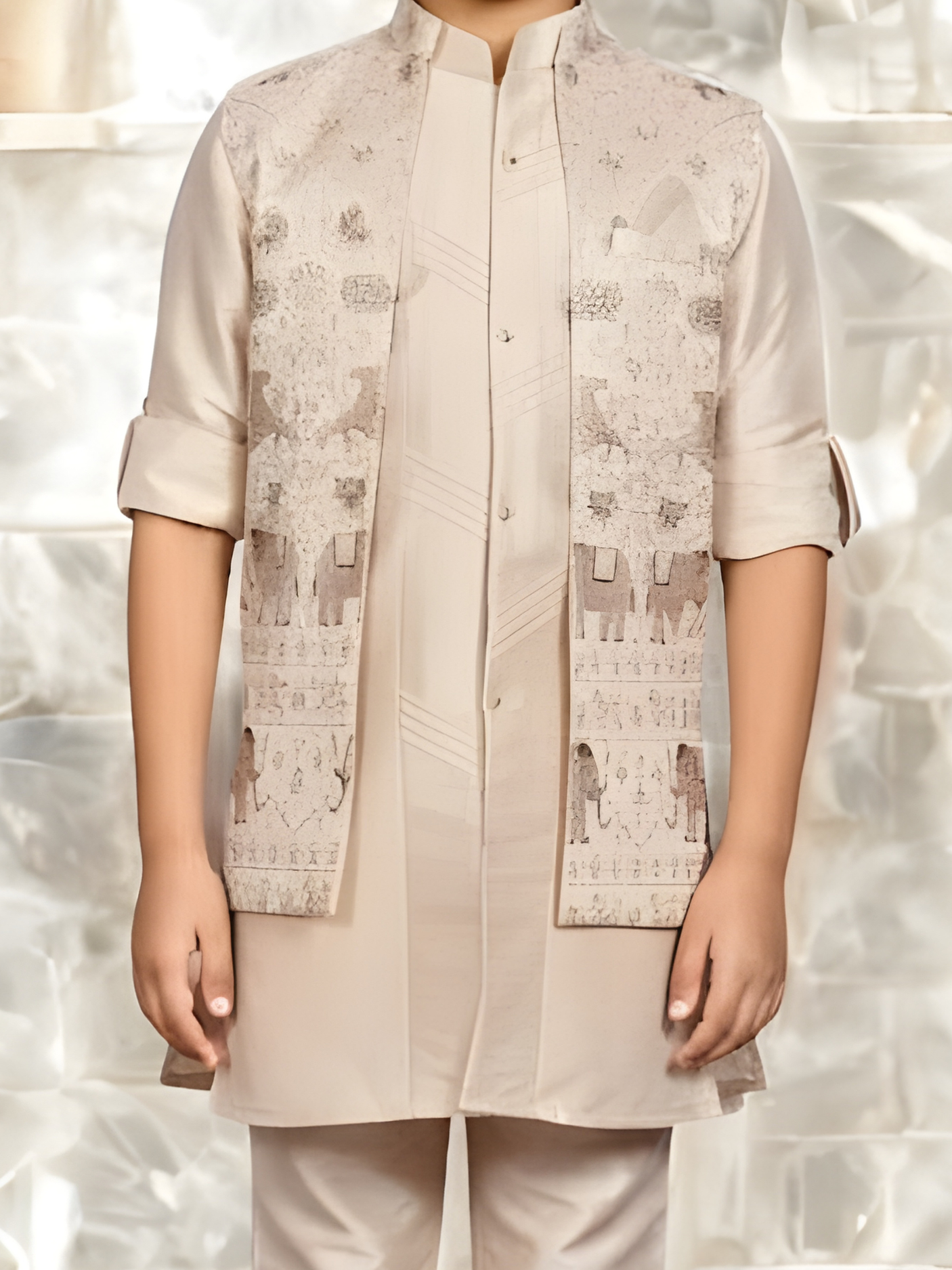 Boys' Elegant Cream Kurta Set with Contrasting Embroidered Vest.