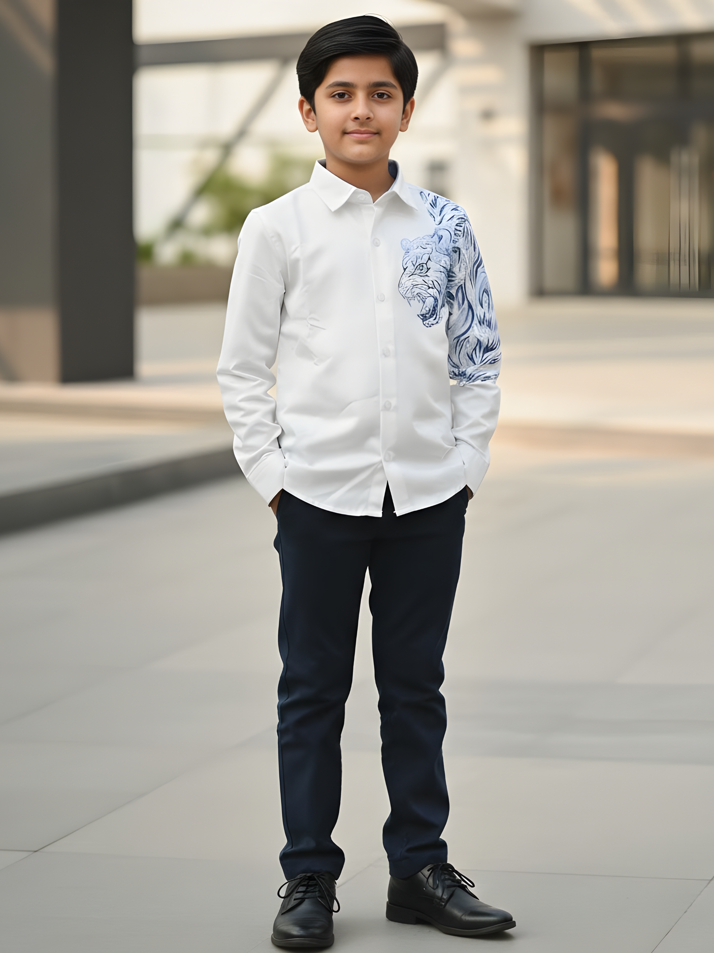 Boys White & Azure Blue Lion Art Party Wear Shirt