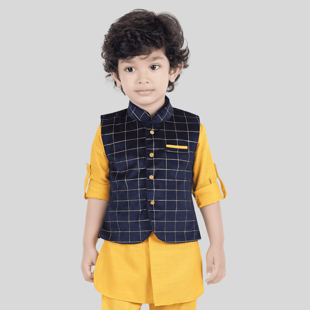 Boys Traditional Checks Chudidar Kurta with Koti - Navy Blue
