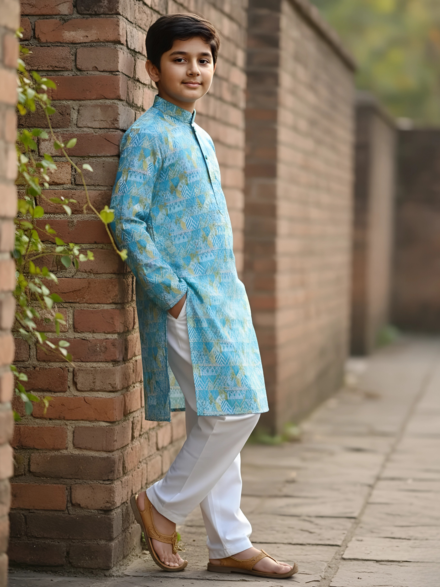 Boys' Light Blue Geometric Print Kurta with White Pajama