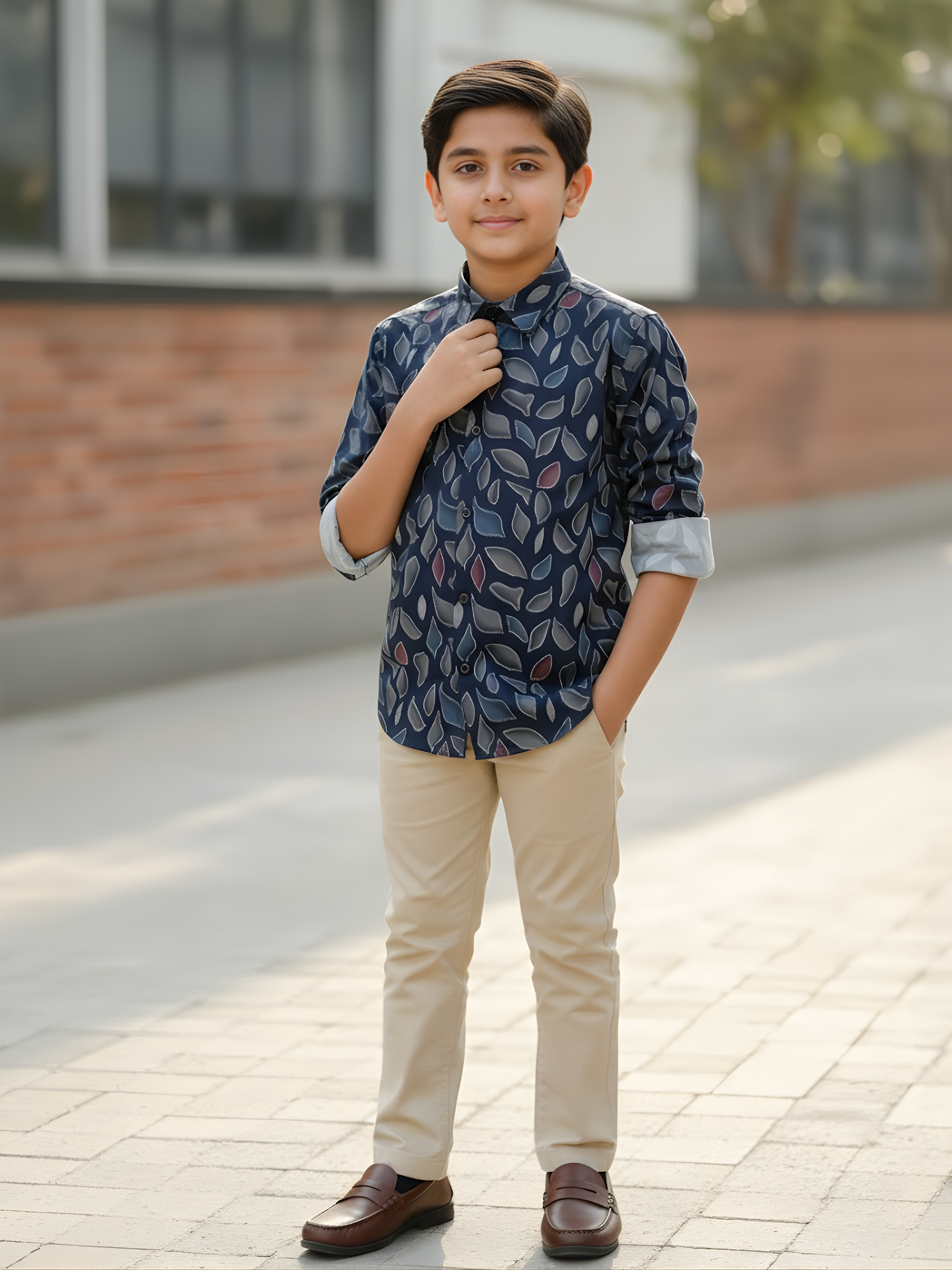 Boys Navy Blue Abstract Leaf Print Casual Shirt