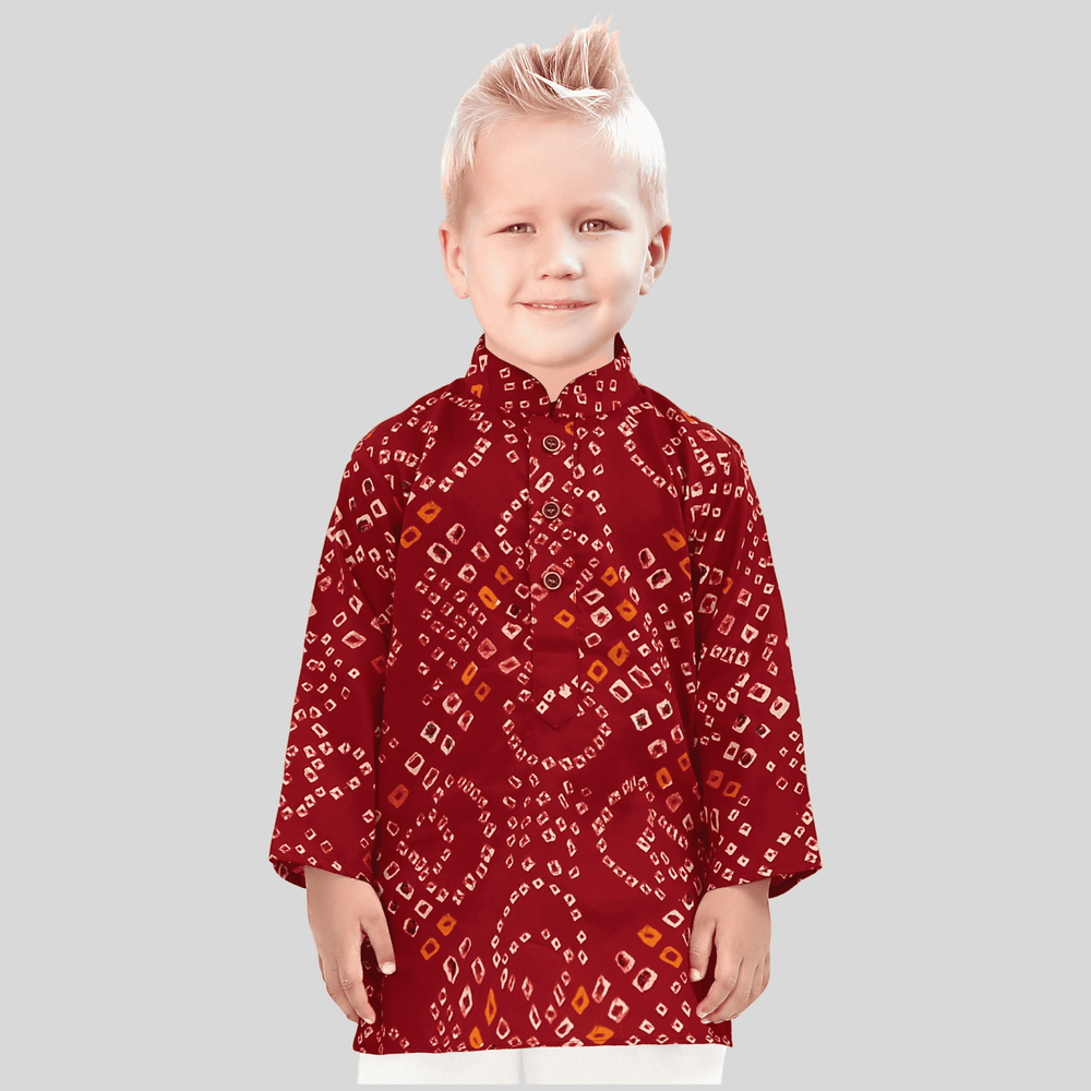 Boys Traditional Printed Chudidar Kurta Set - Maroon.