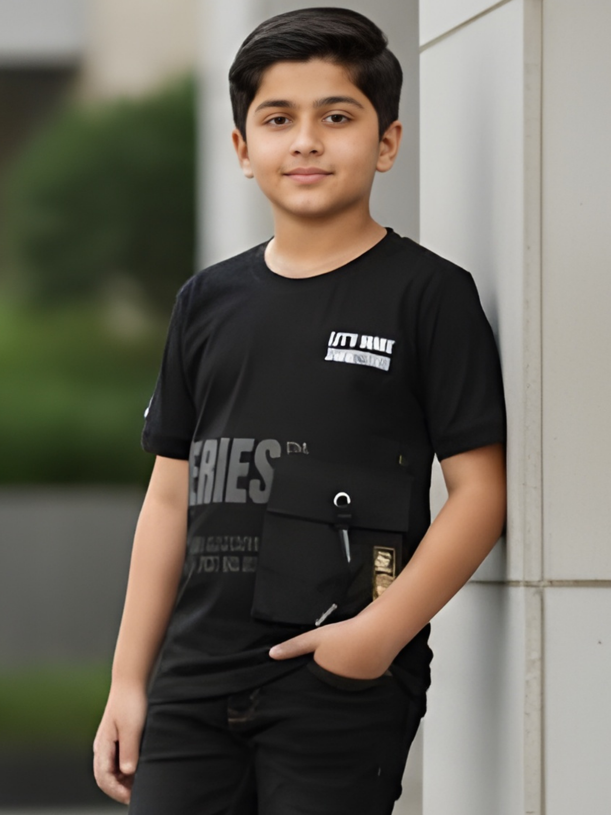 Boys' Black Techwear T-Shirt with Utility Pocket and Slogan