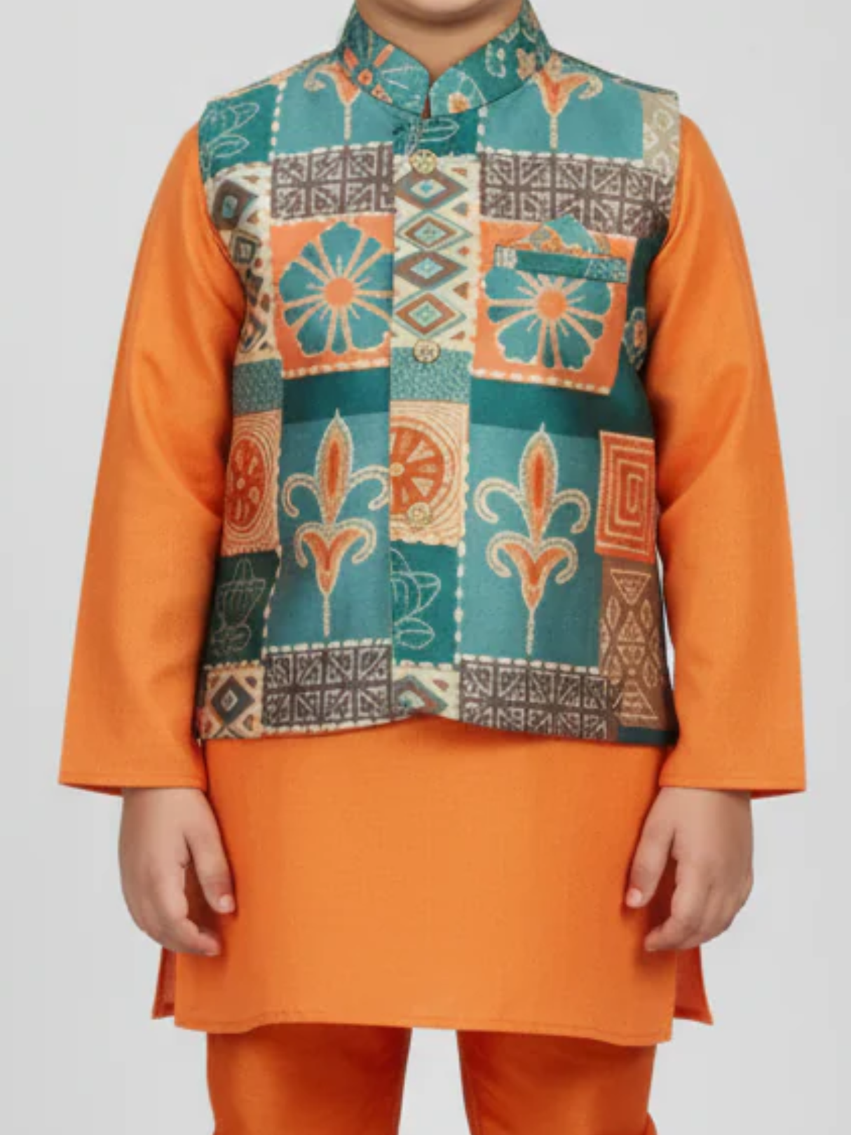 Boys' Vibrant Orange Kurta Pajama Set with Teal Geometric Print Jacket.