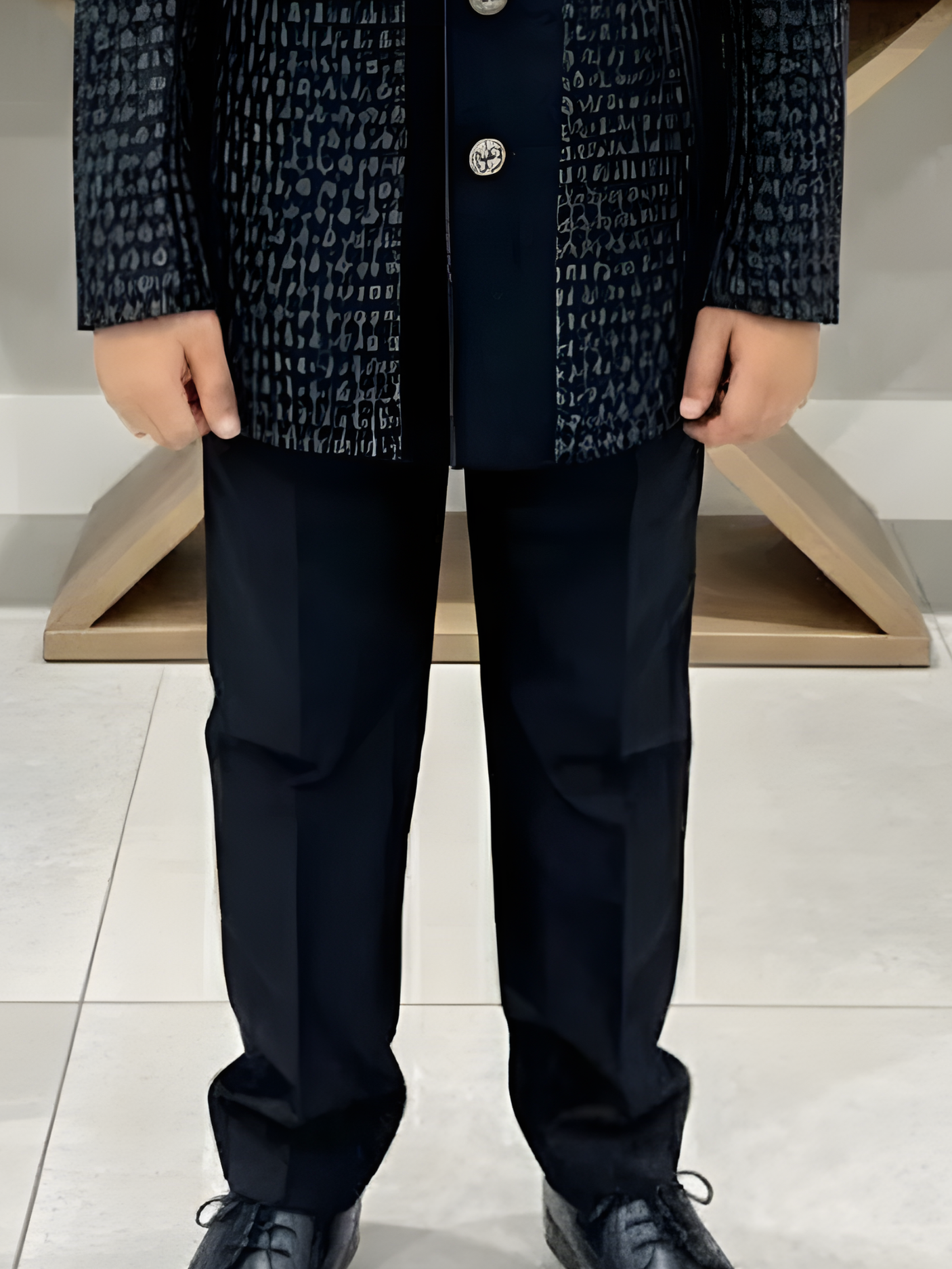 Boys' Black Patterned Indo-Western Suit with Velvet Accents