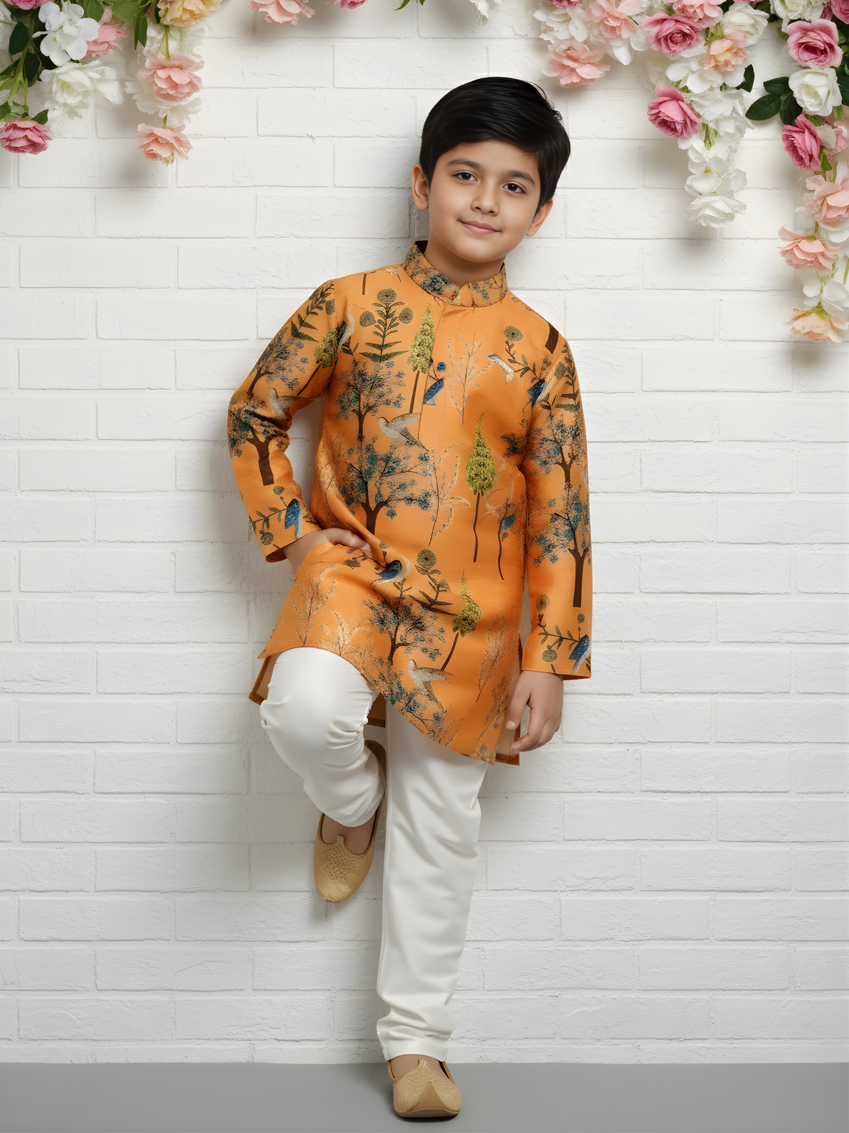 Boys' Bright Yellow Angrakha Kurta and White Pajama Set with Peacock Print