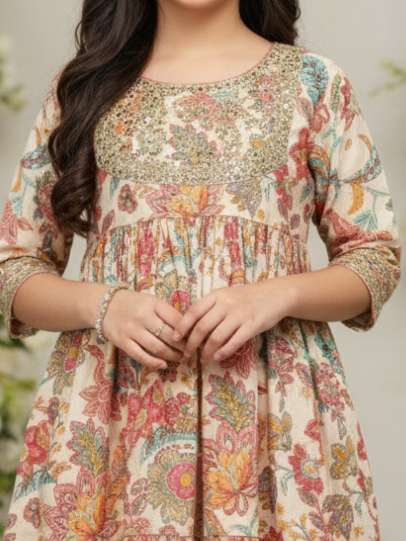 Girls' Elegant Cream Floral Tiered Suit Set with Heavy Sequin Work