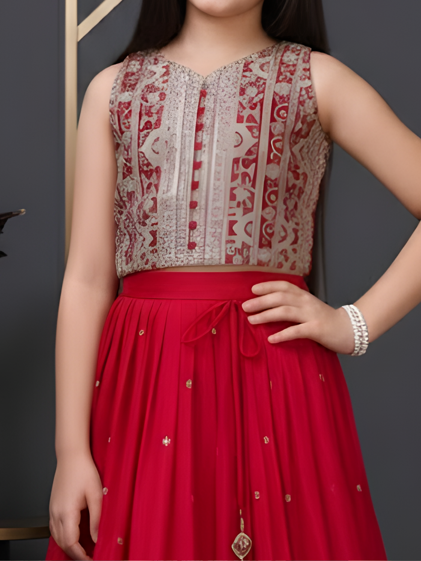 Girls' Deep Red Heavy Zari & Sequin Embroidered Lehenga Choli.