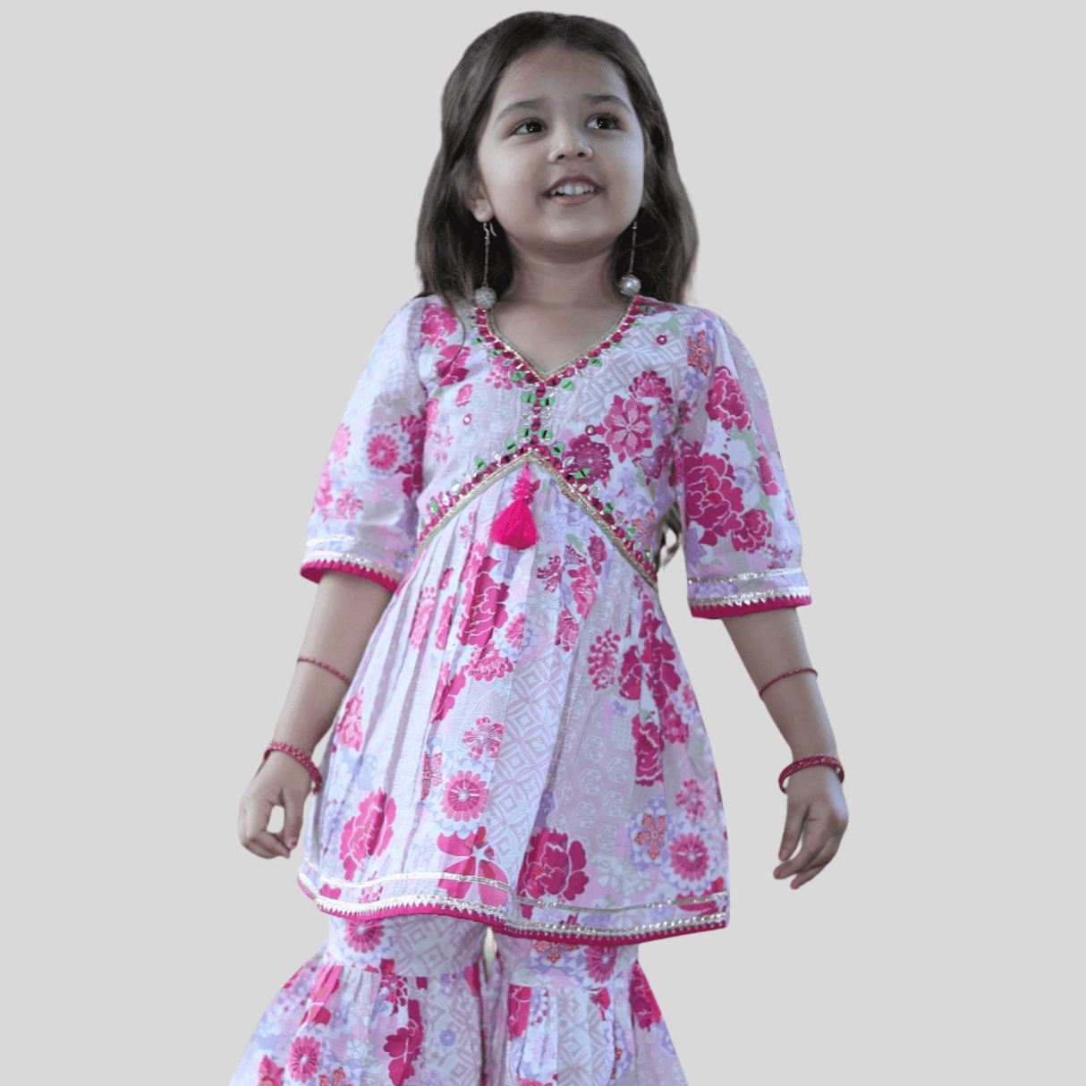Girls Traditional 3/4th Sleeves Sharara Set - Pink