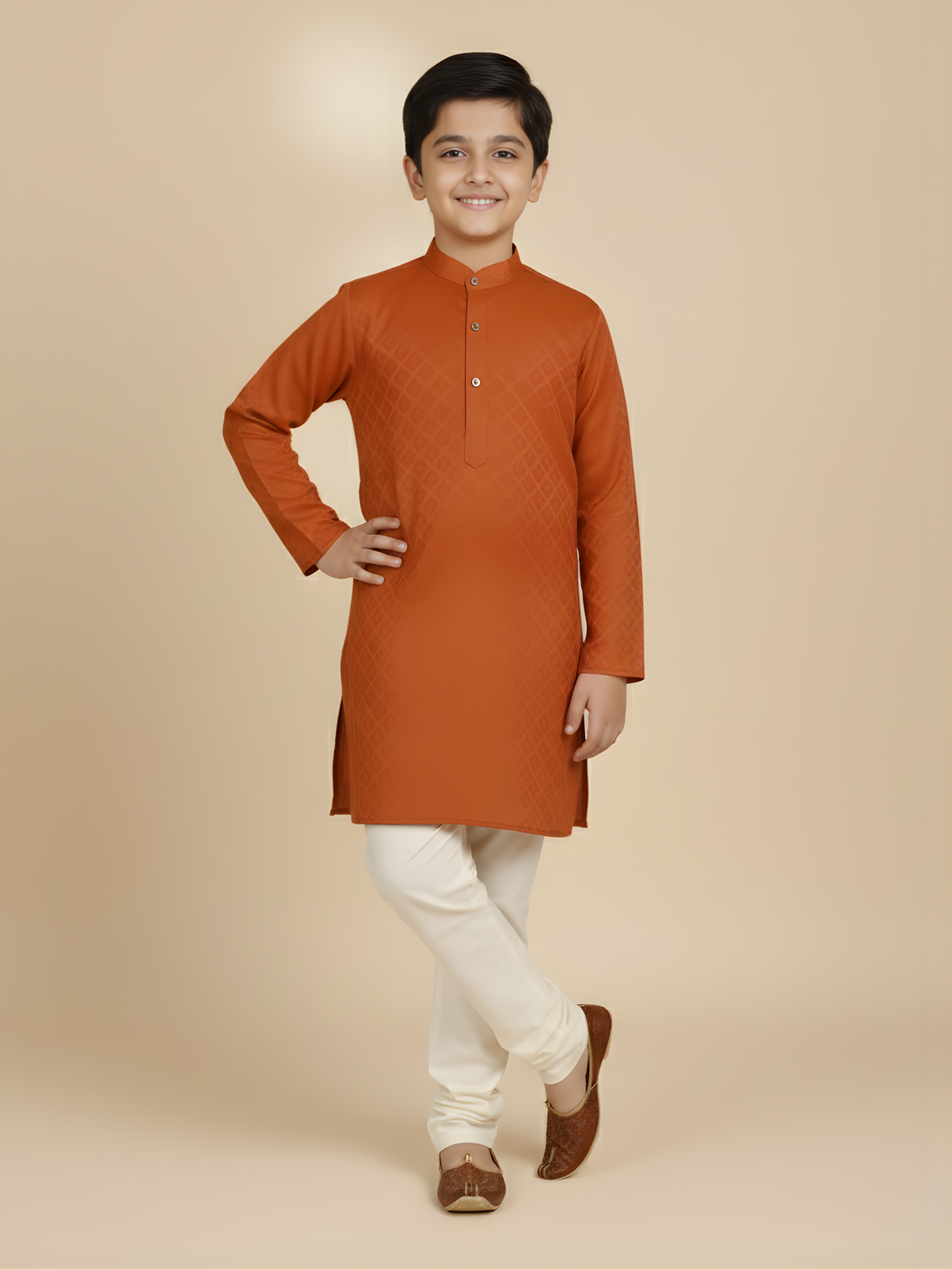 Boys Traditional Printed Chudidar Kurta Set - Orange
