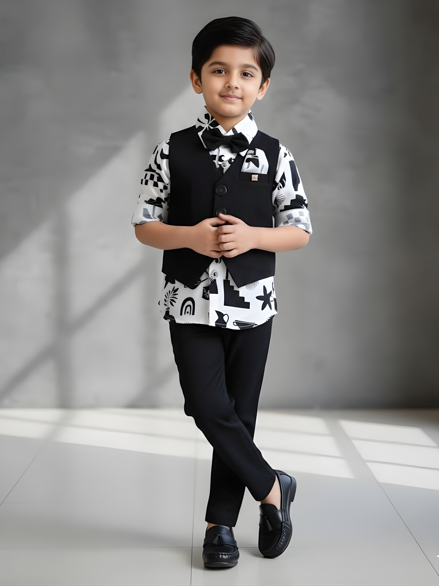 Boys' Black Modern Print 4-Piece Waistcoat & Trouser Set